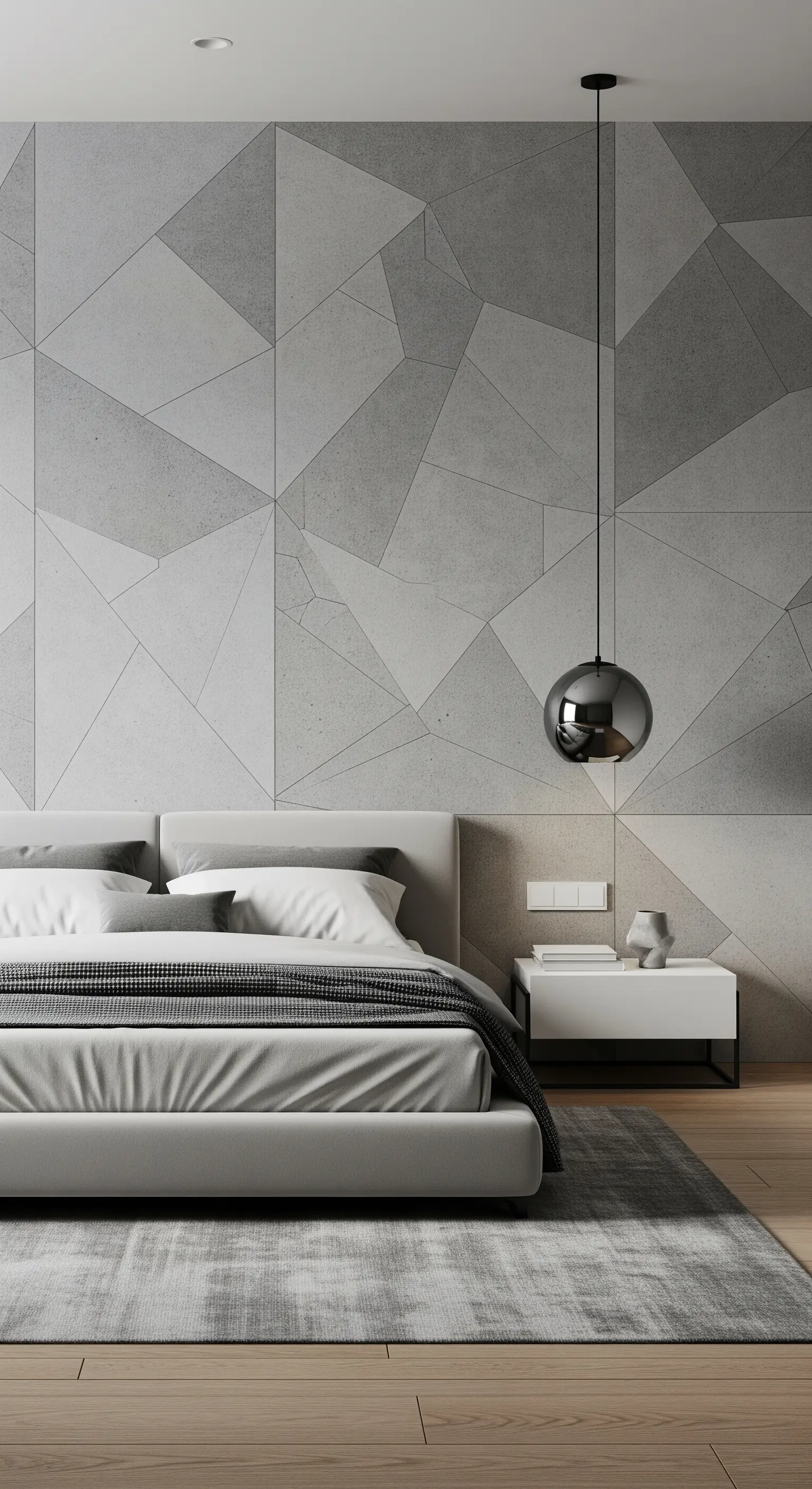 Parete dietro al letto composta da pannelli in cemento con un motivo geometrico astratto.