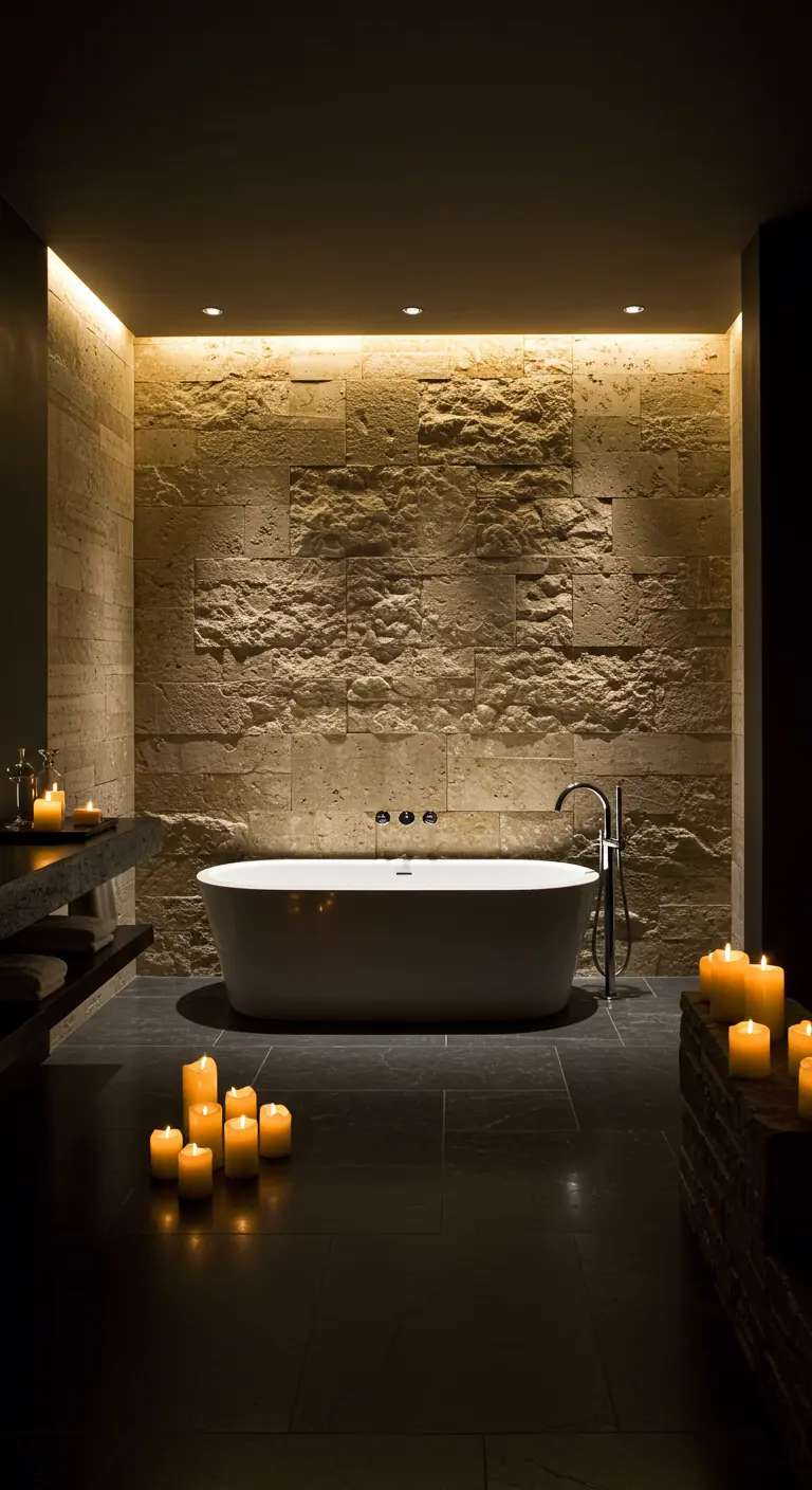 Vasca bianca freestanding di fronte a una parete di pietra grezza illuminata dall'alto.