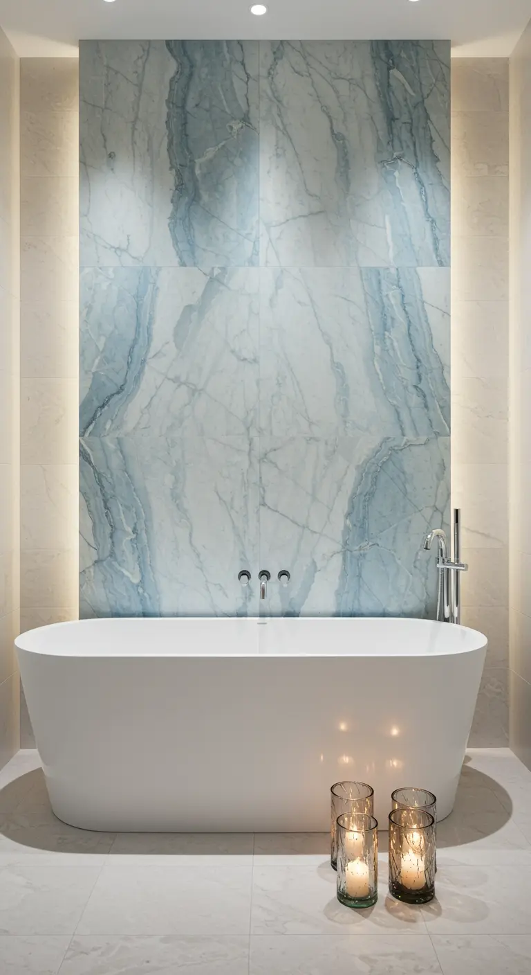 Vasca bianca freestanding di fronte a una parete di grandi lastre di marmo blu-grigio.