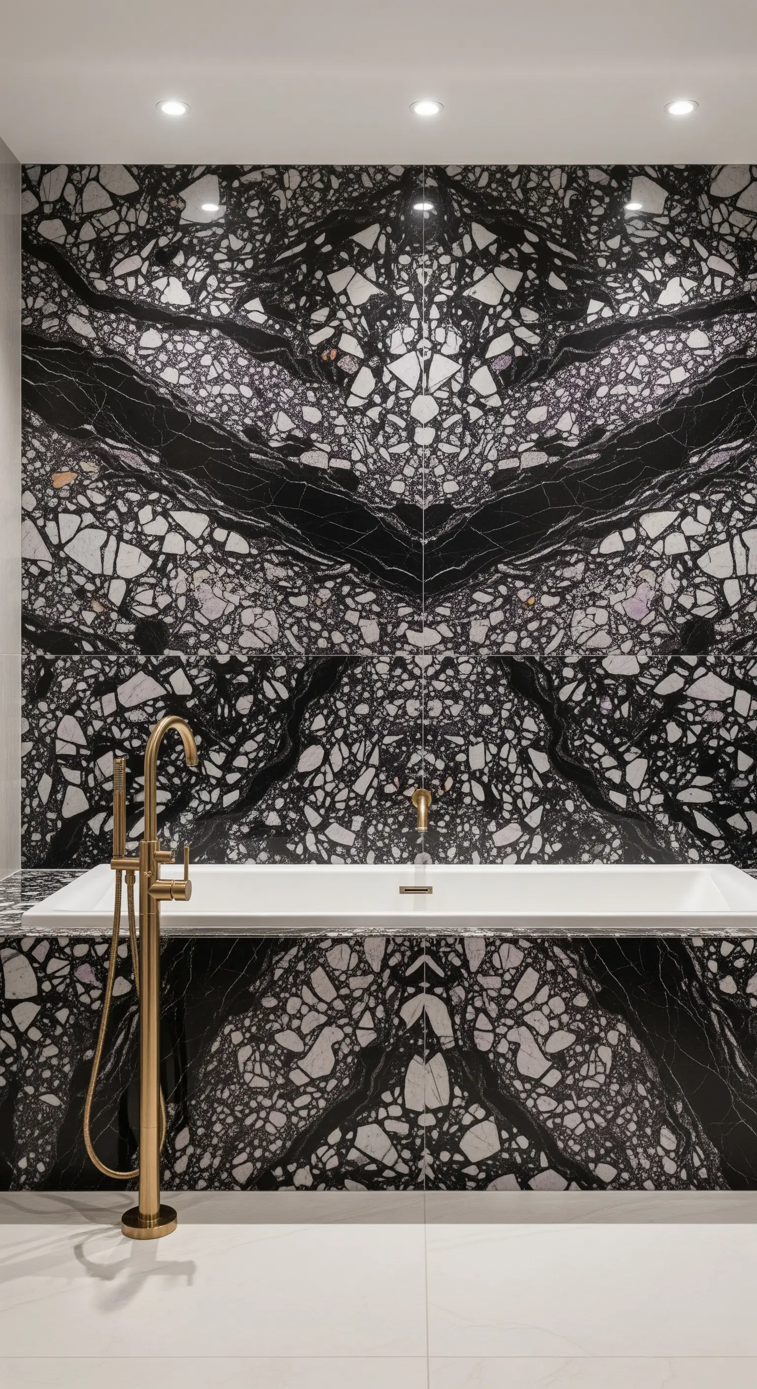 Vasca da bagno bianca con parete di fondo in marmo nero posato a macchia aperta.