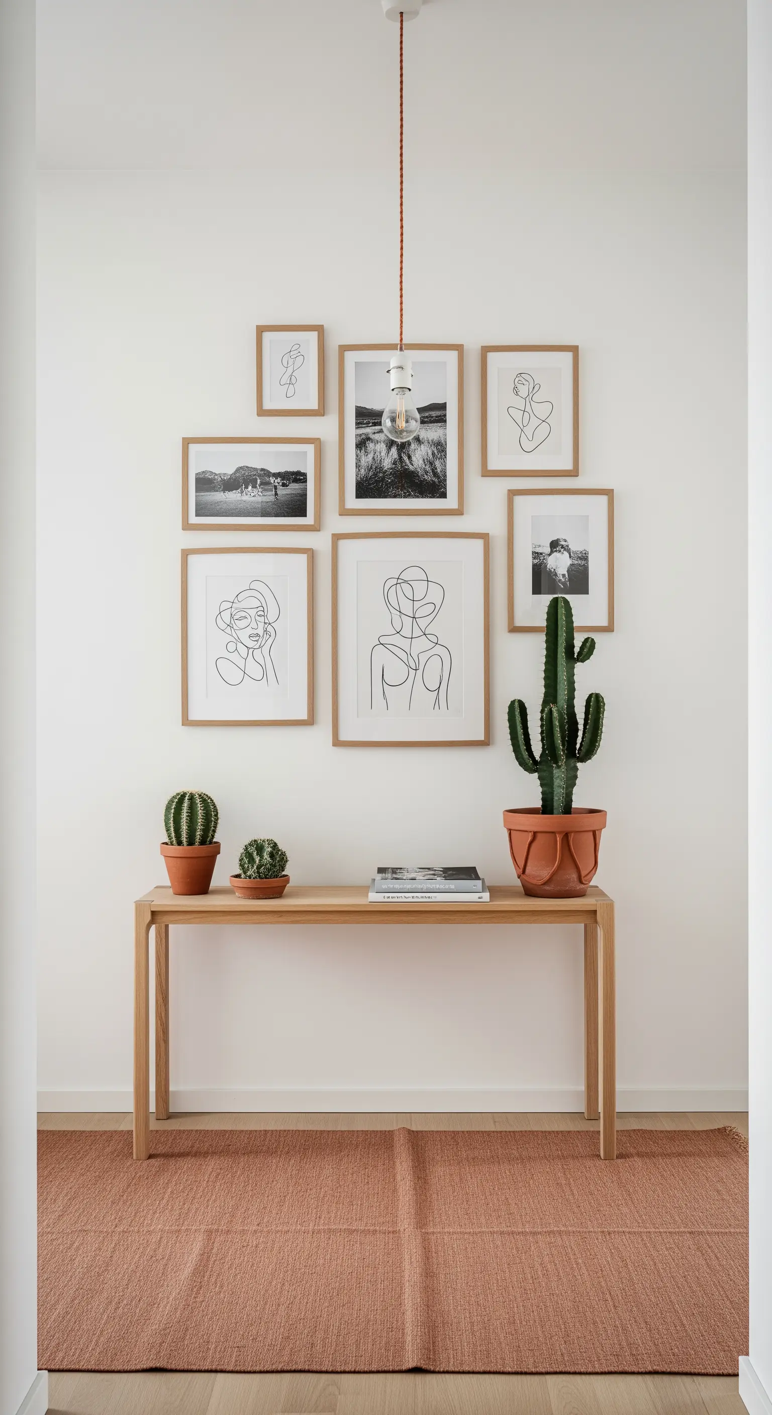 Gallery wall con cornici in legno chiaro sopra una consolle minimalista con cactus.