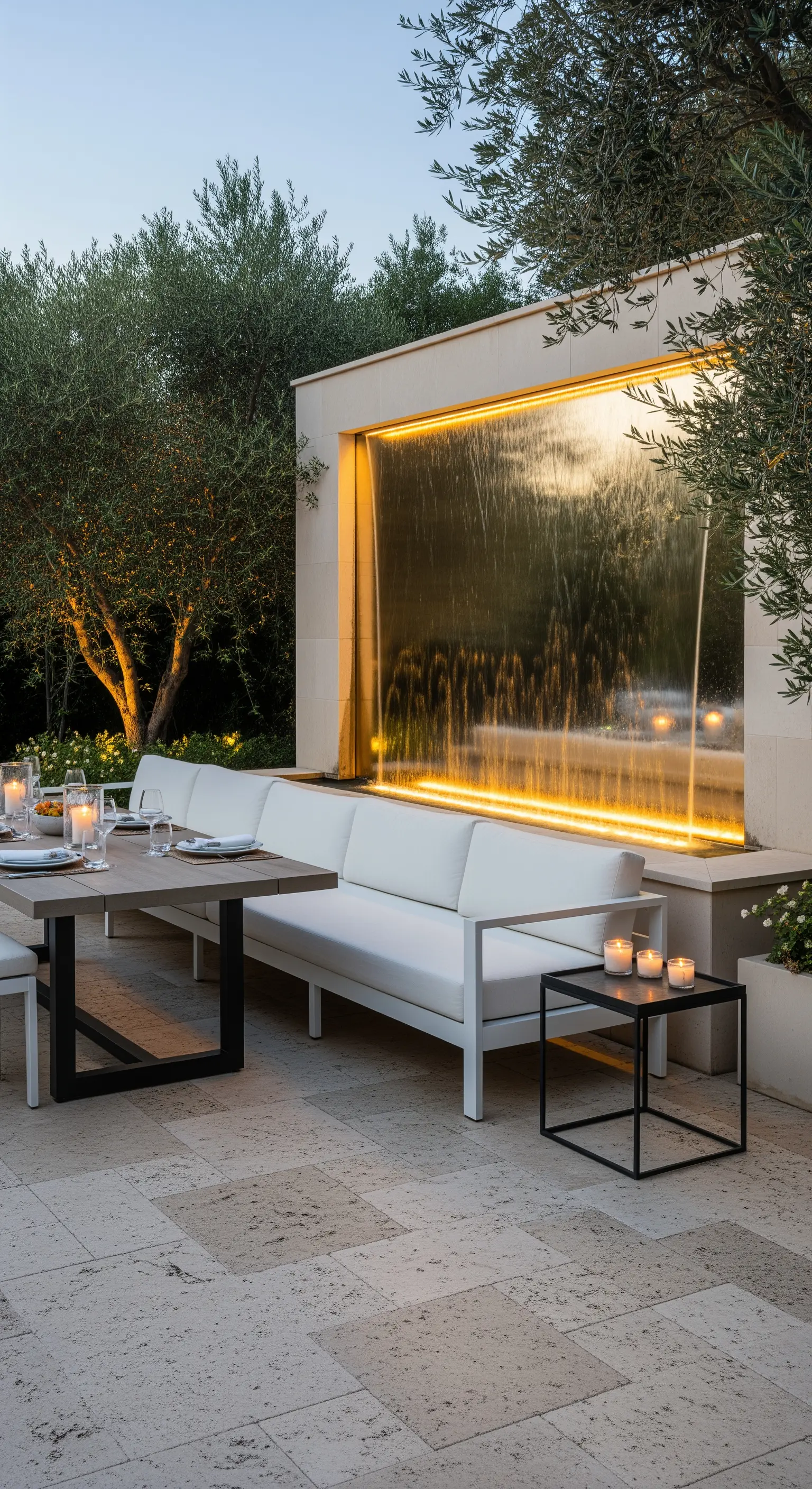 Zona pranzo esterna con divani bianchi e una grande parete d'acqua illuminata color oro.