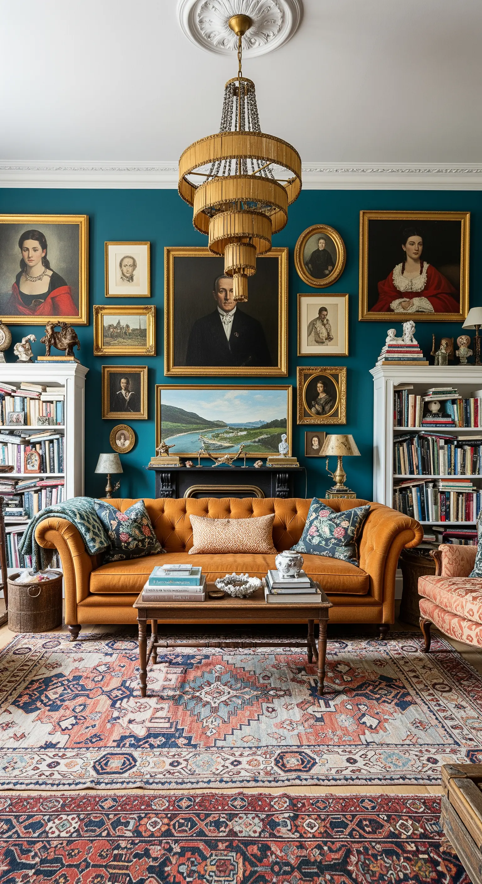 Salotto con parete blu petrolio coperta di ritratti incorniciati e divano chesterfield arancione.