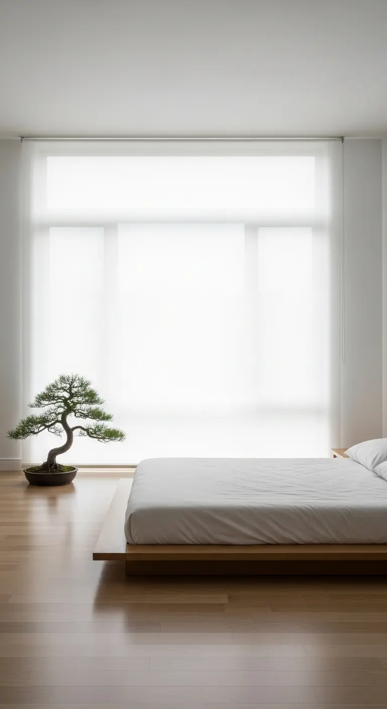 Stanza minimalista con letto basso, bonsai e un'intera parete coperta da pannelli bianchi traslucidi.