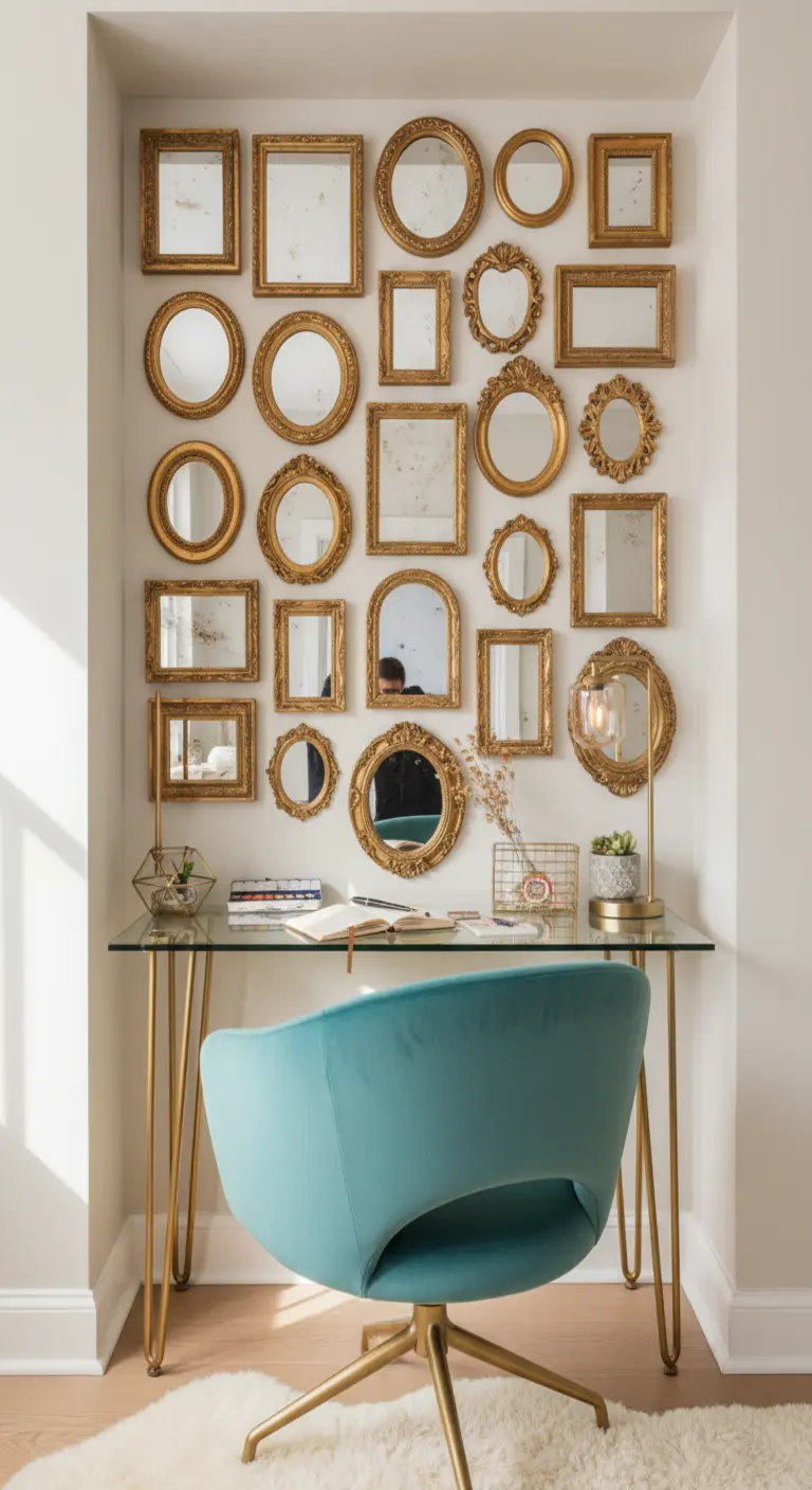 Parete decorata con una collezione di piccoli specchi con cornici dorate diverse.