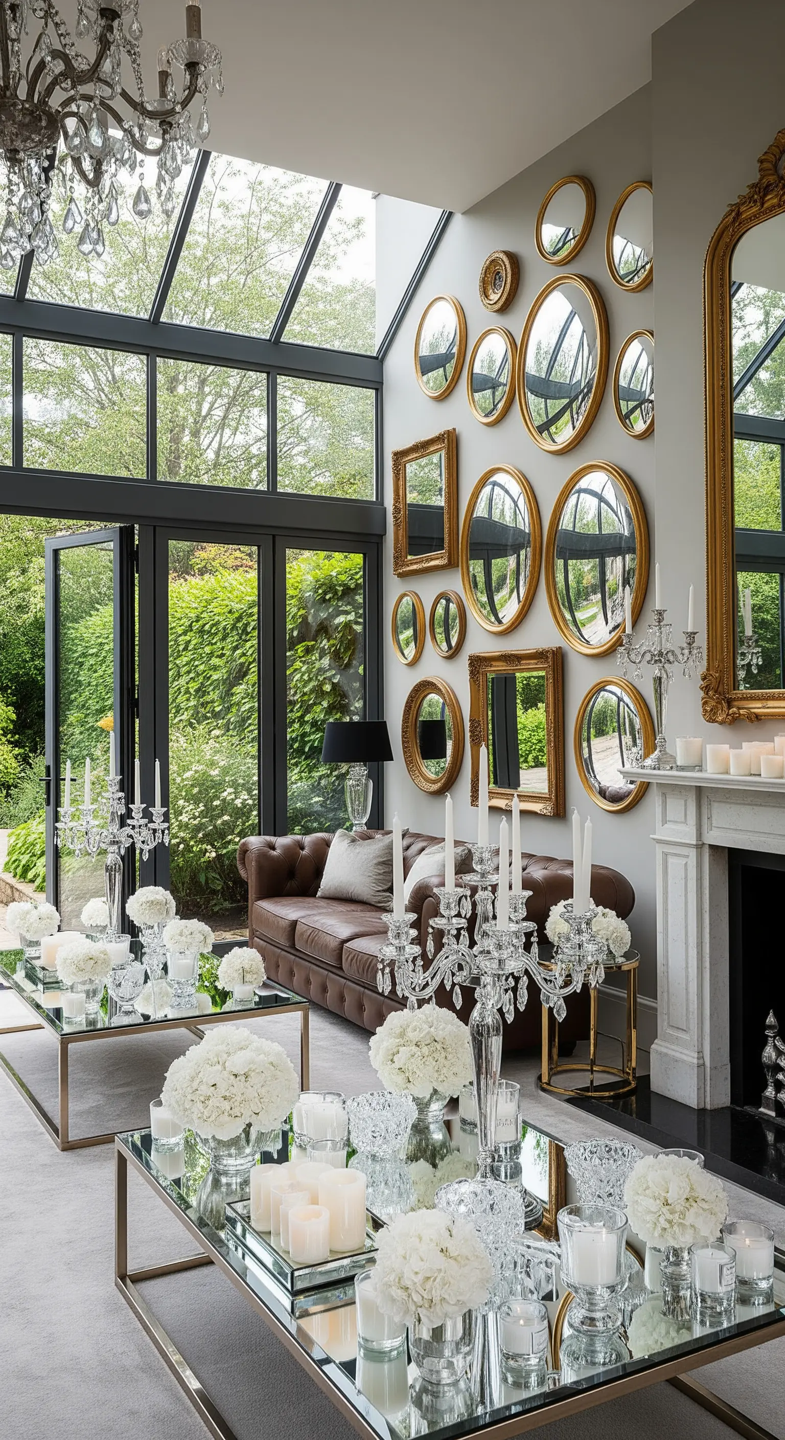 Salotto in una veranda con un'intera parete decorata da una collezione di specchi dorati.