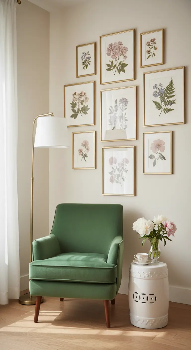 Poltrona in velluto verde sotto una parete galleria di stampe botaniche con cornici dorate.