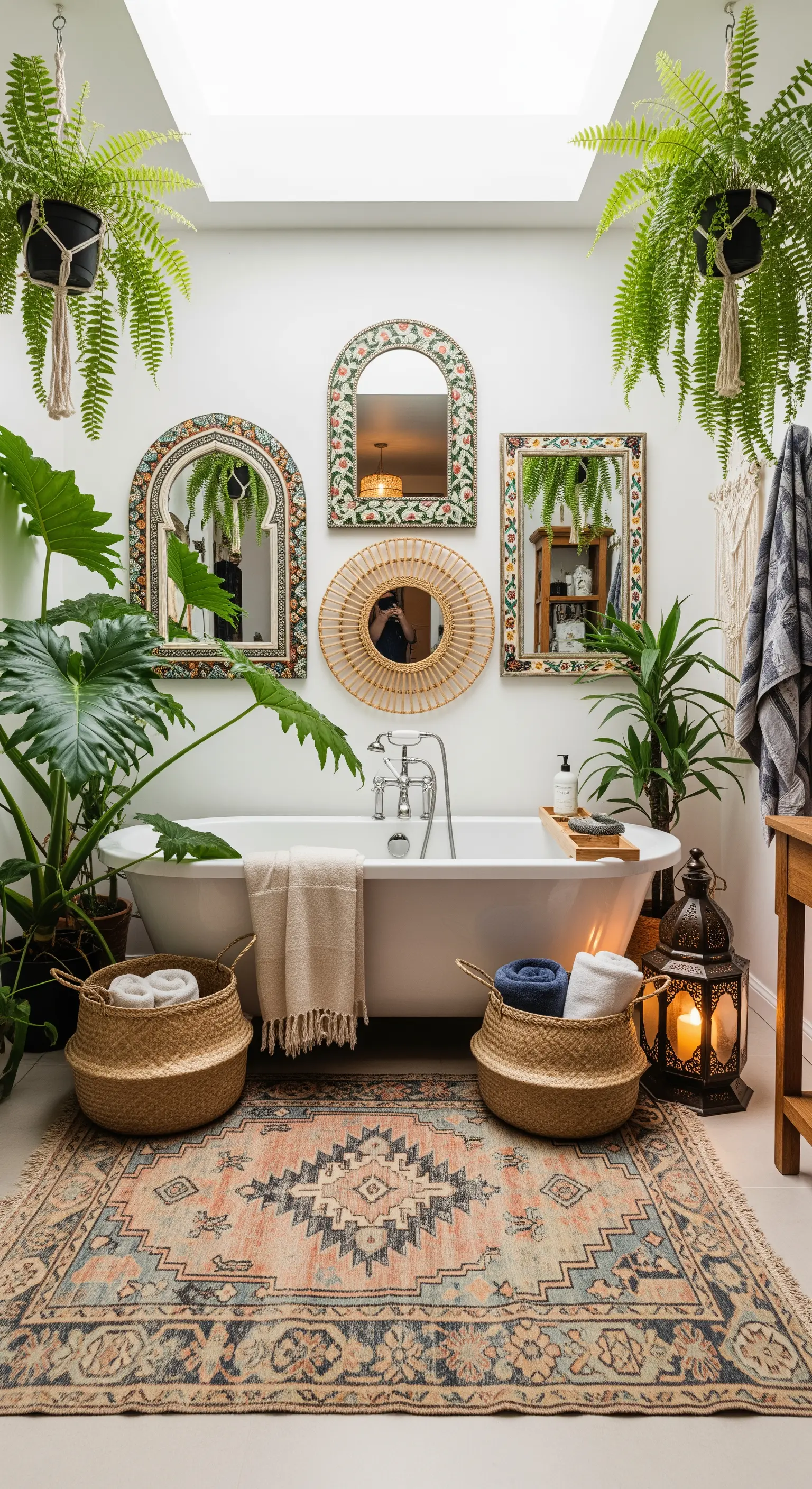 Bagno con vasca freestanding e una parete decorata con una collezione di specchi.