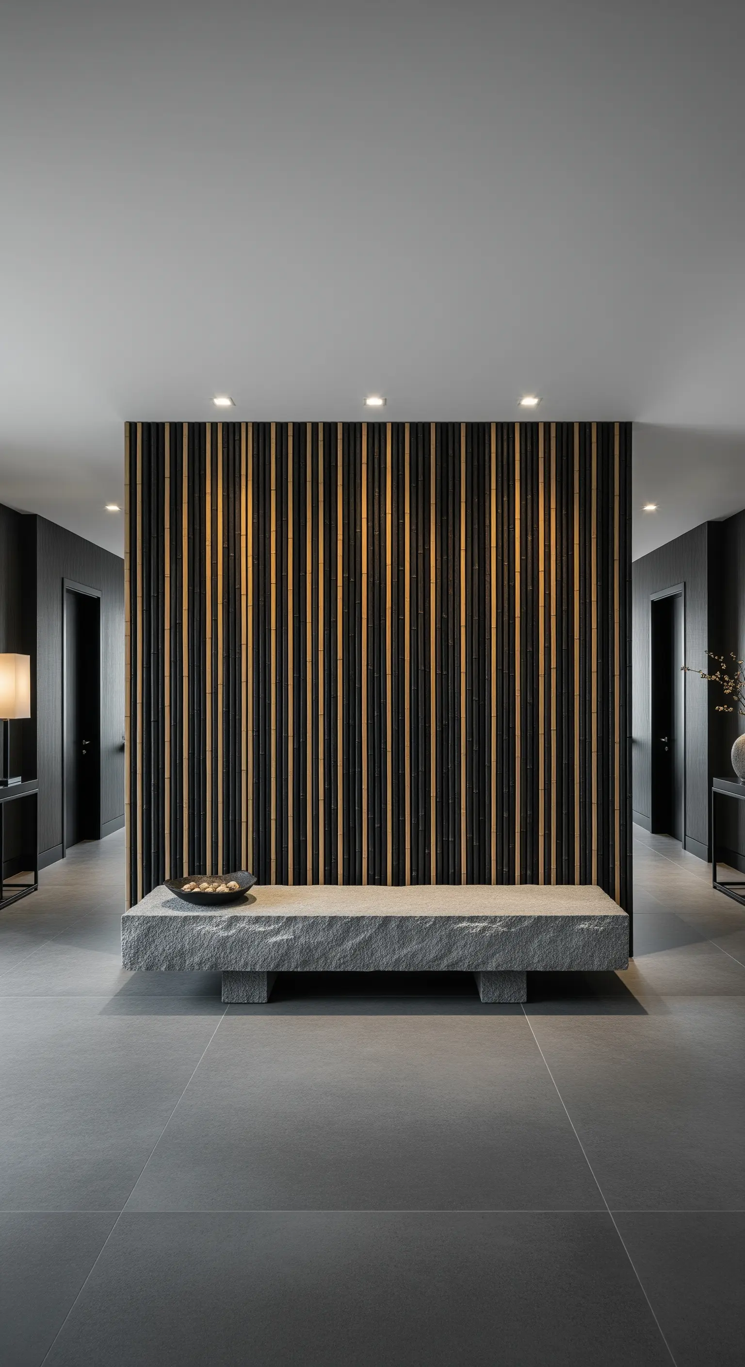 Panca monolitica in pietra grigia di fronte a una parete a listelli verticali neri e color bambù.