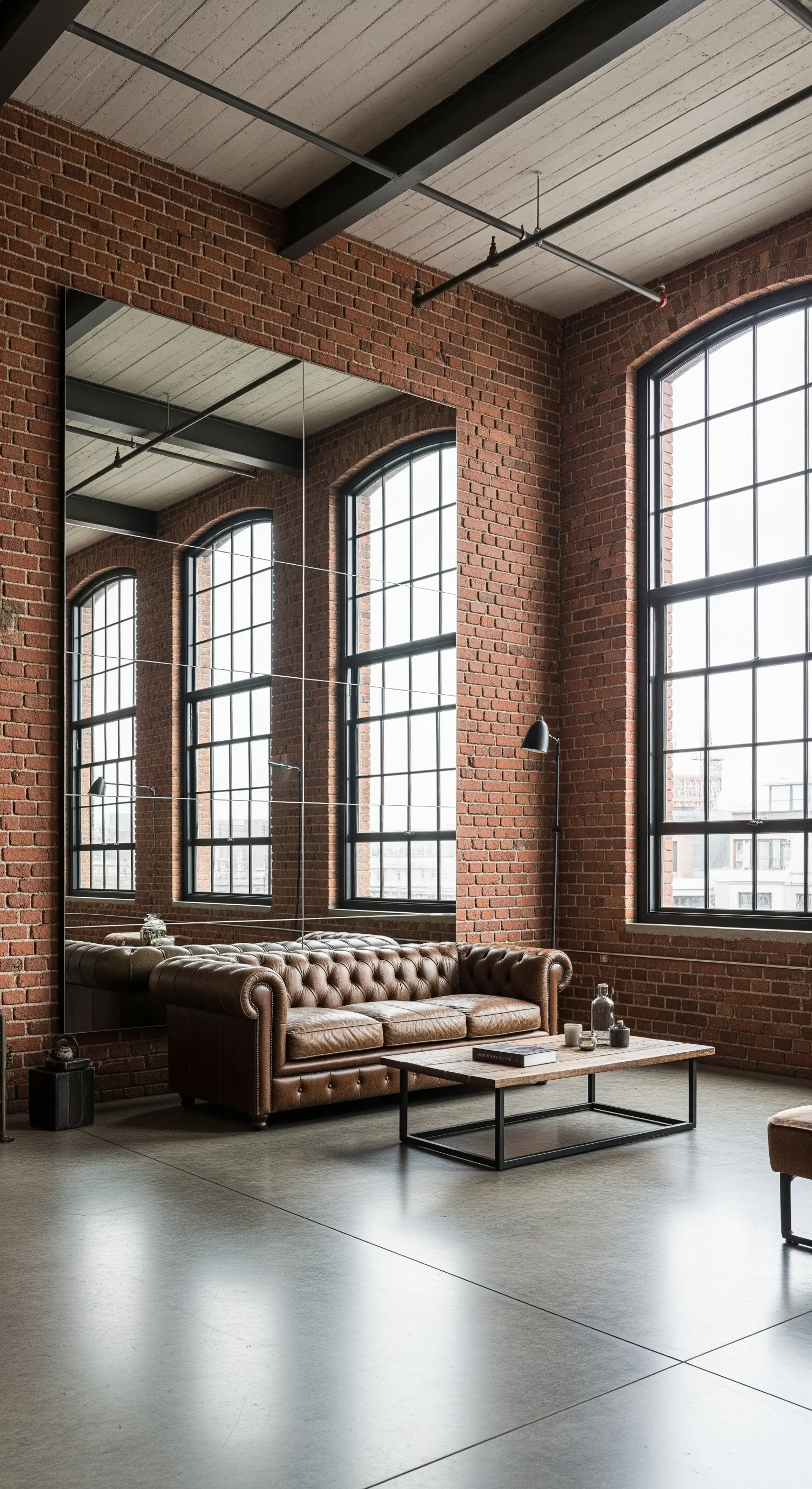 Ampia parete a specchi che riflette un divano chesterfield in un loft con mattoni a vista.
