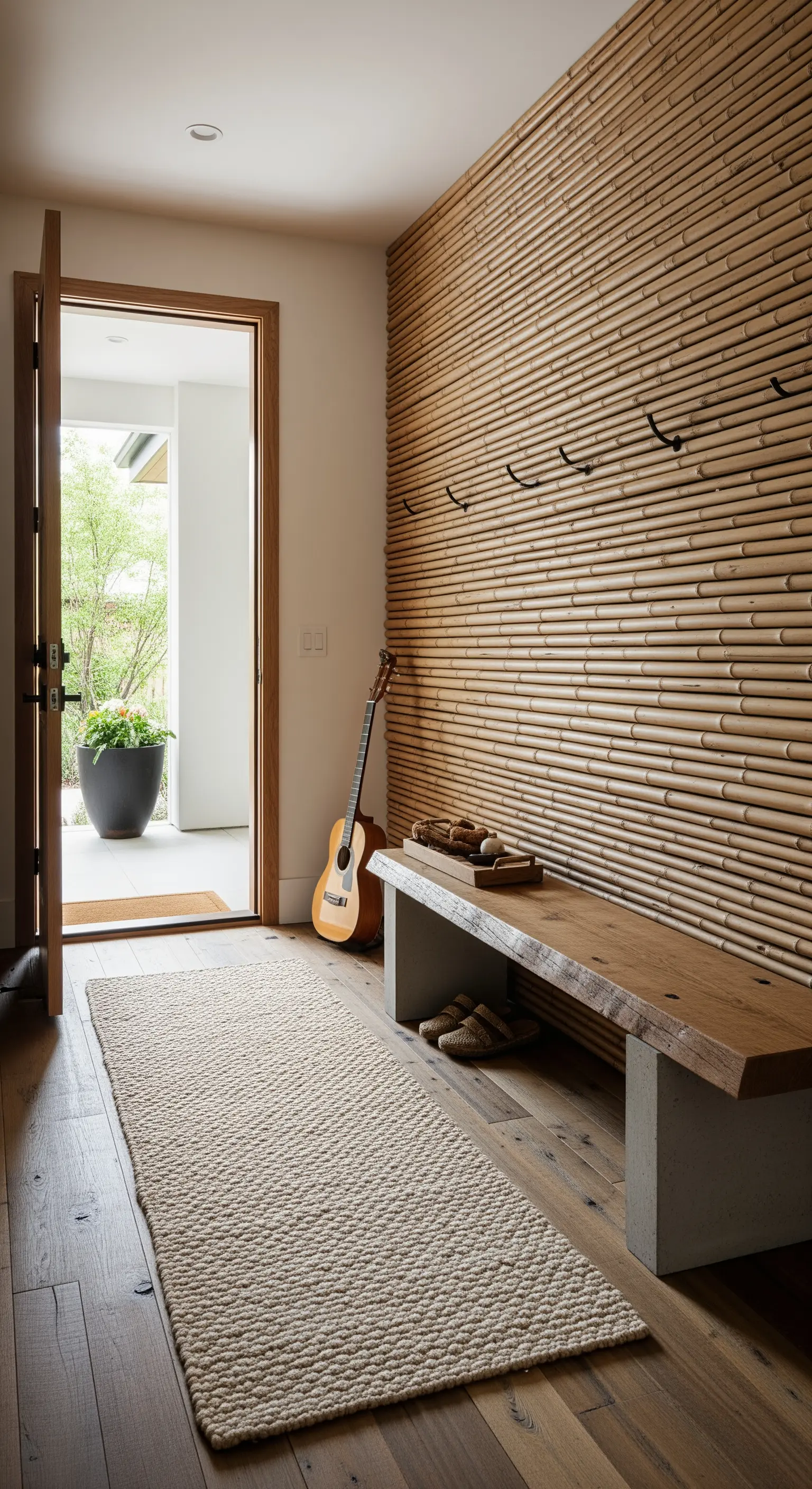 Parete interamente rivestita di canne di bambù orizzontali con una panca in legno grezzo e cemento.