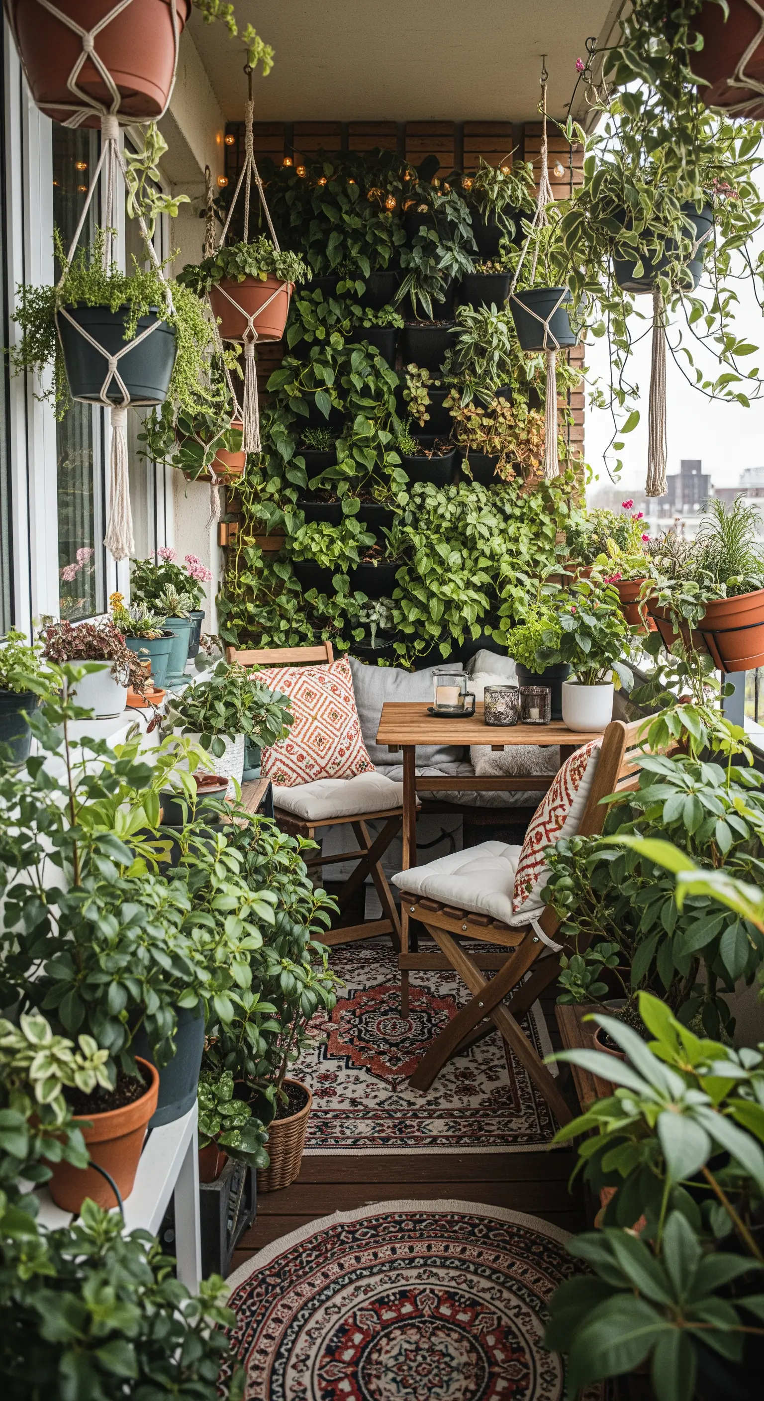 Balcone stretto con una parete verticale ricca di piante, un piccolo tavolo e due tappeti etnici