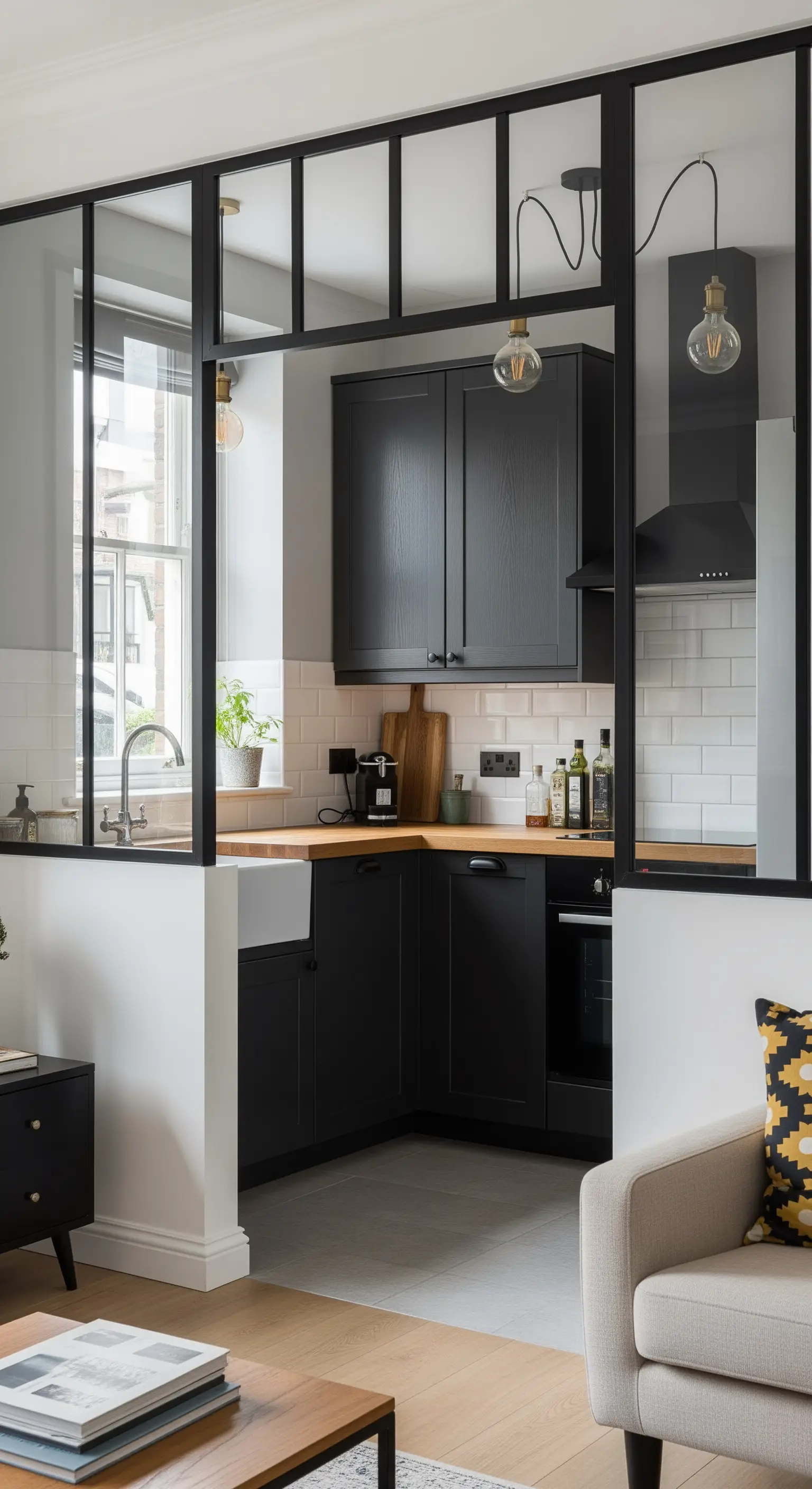 Piccola cucina nera separata dal soggiorno da una parete in vetro e metallo nero.