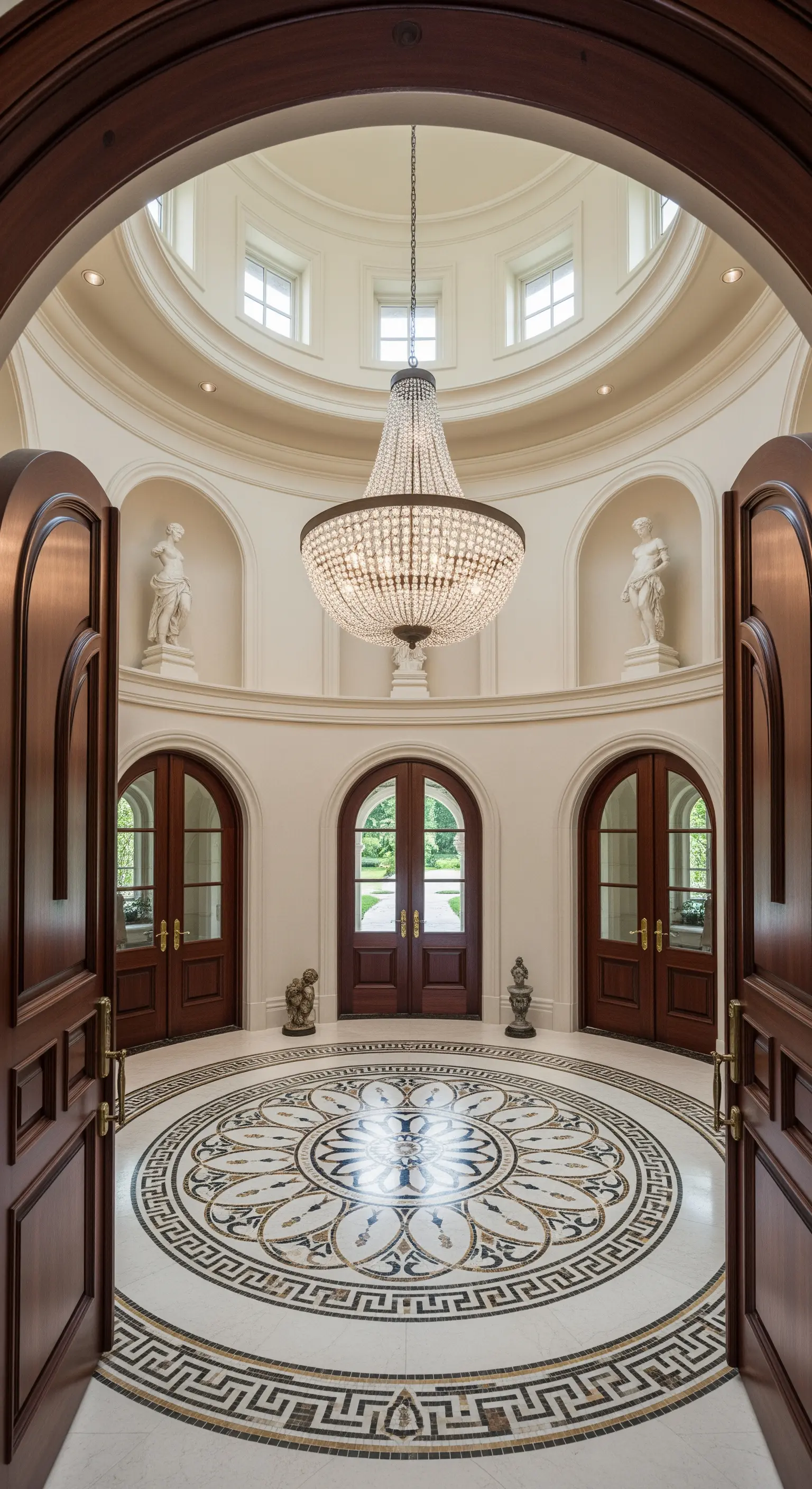 Rotonda neoclassica con pavimento a mosaico, statue e un enorme lampadario di cristallo.
