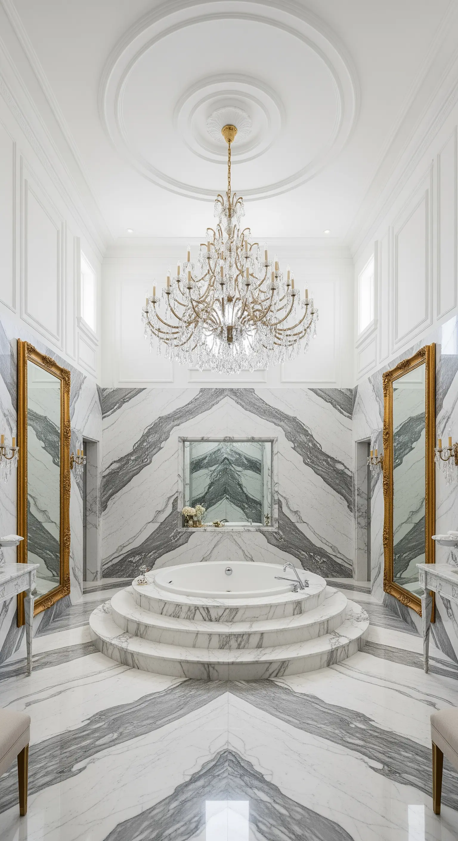 Bagno monumentale con layout simmetrico, vasca centrale, marmo a macchia aperta e un enorme lampadario.