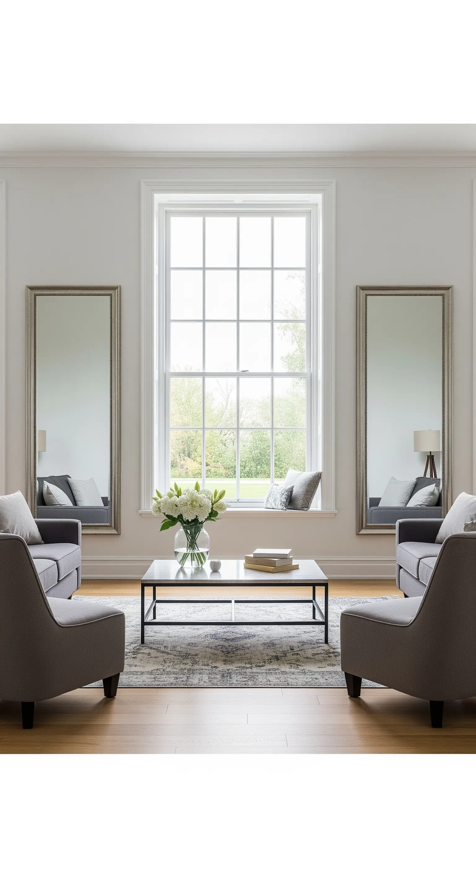 Due specchi verticali identici posizionati simmetricamente ai lati di una grande finestra a ghigliottina.