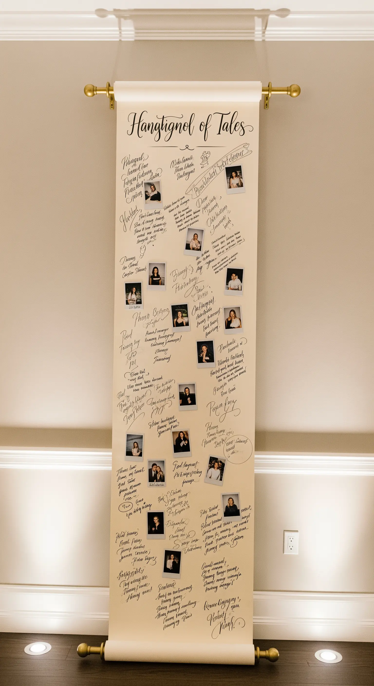 Lungo rotolo di pergamena appeso a una parete, con firme calligrafiche e polaroid incollate.