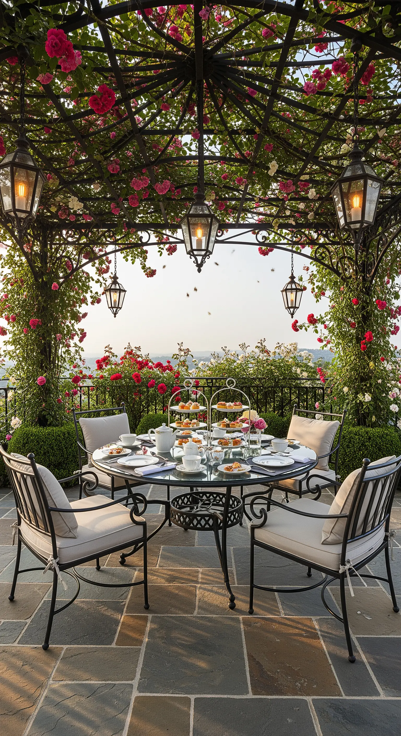 Cena sotto una pergola in ferro battuto ricoperta di rose, con lanterne appese