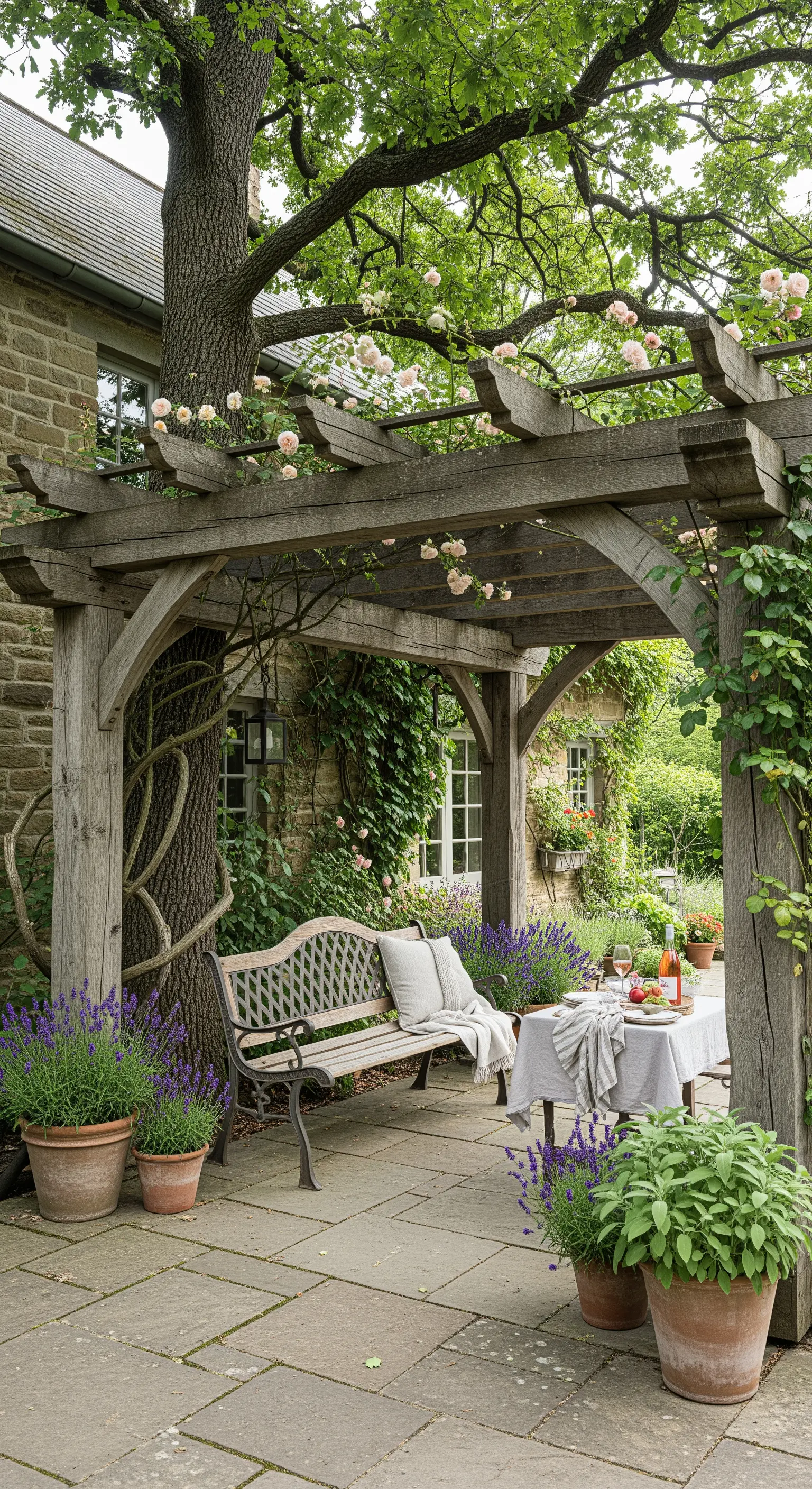 Pergola in legno con rose rampicanti, panca in ferro battuto e vasi di lavanda.