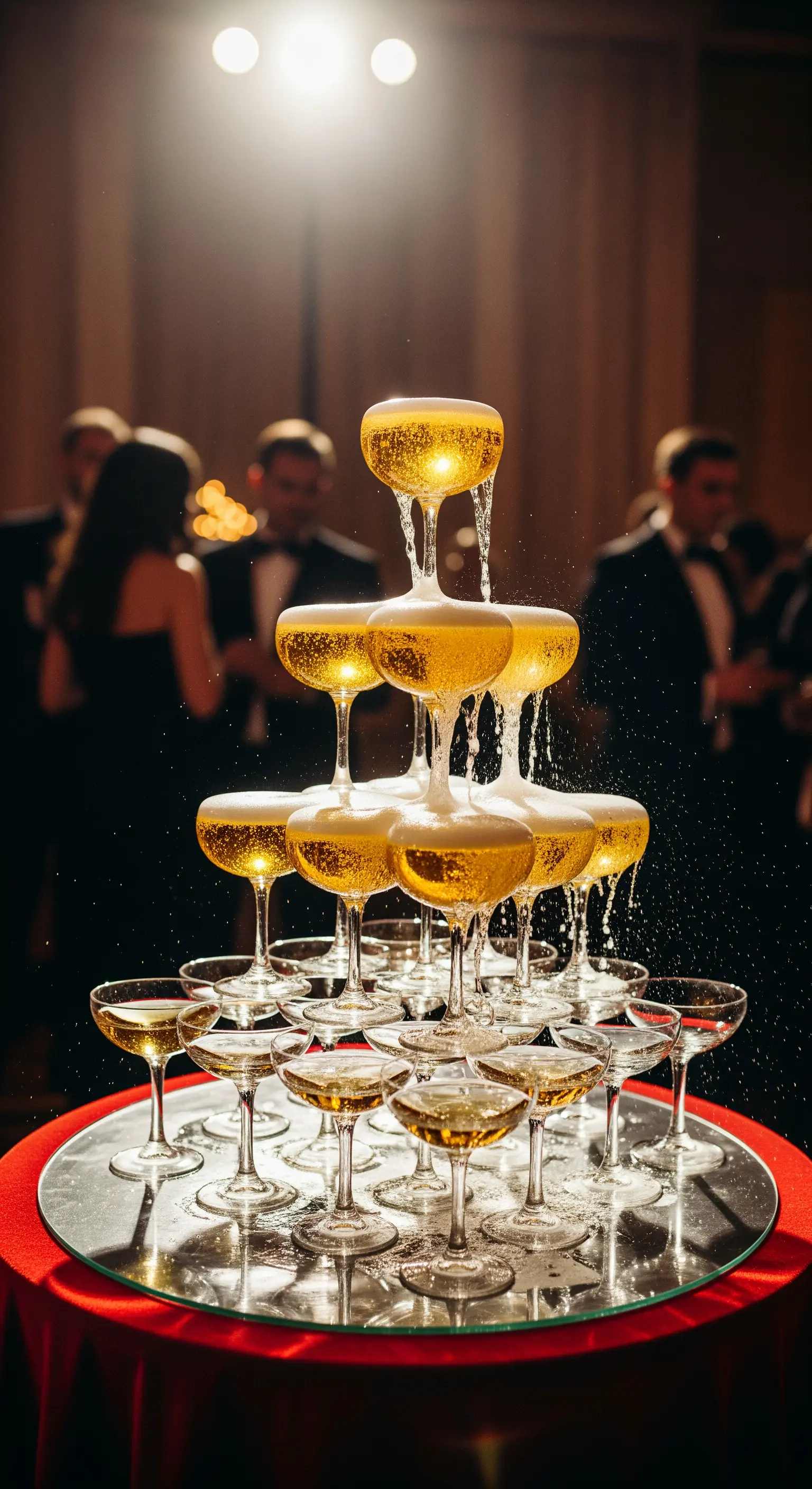Piramide di coppe da champagne durante il versamento, con luce calda che ne esalta i riflessi.