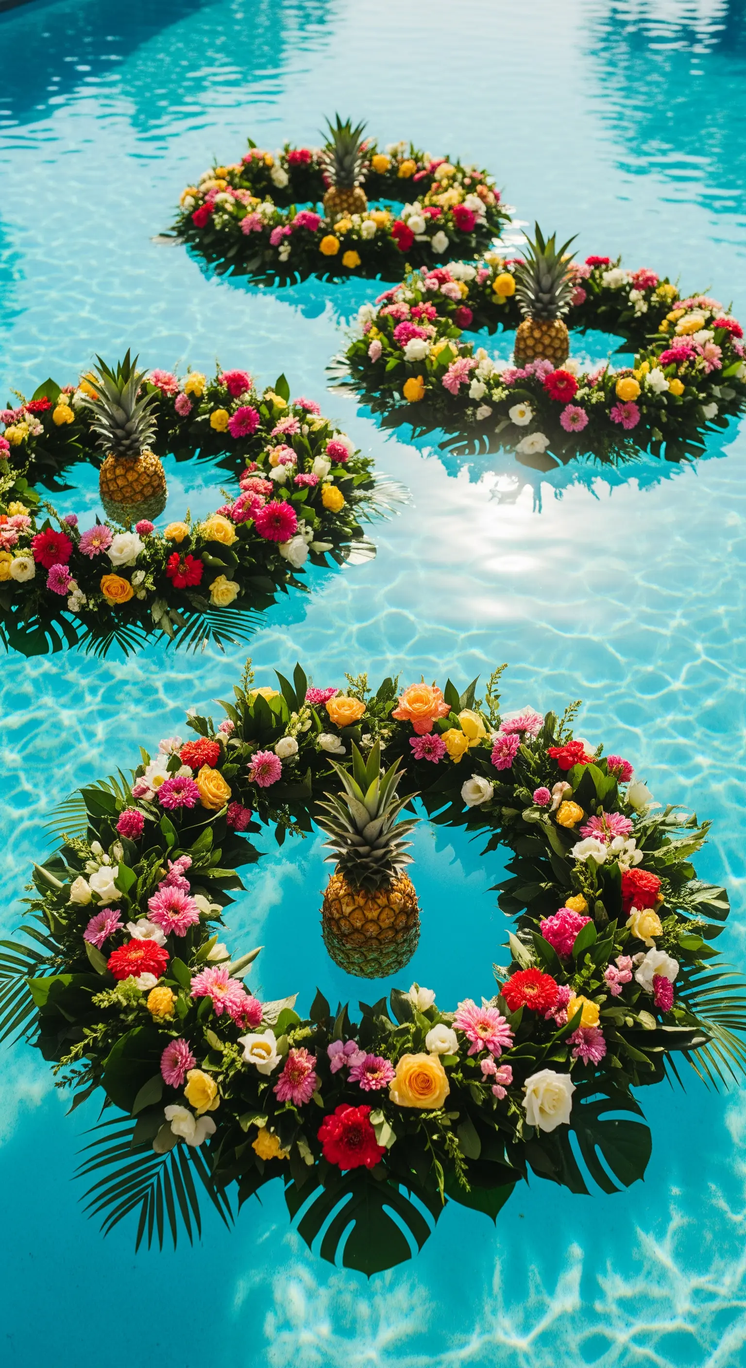Grandi corone di fiori colorati con un ananas al centro che galleggiano sull'acqua di una piscina.