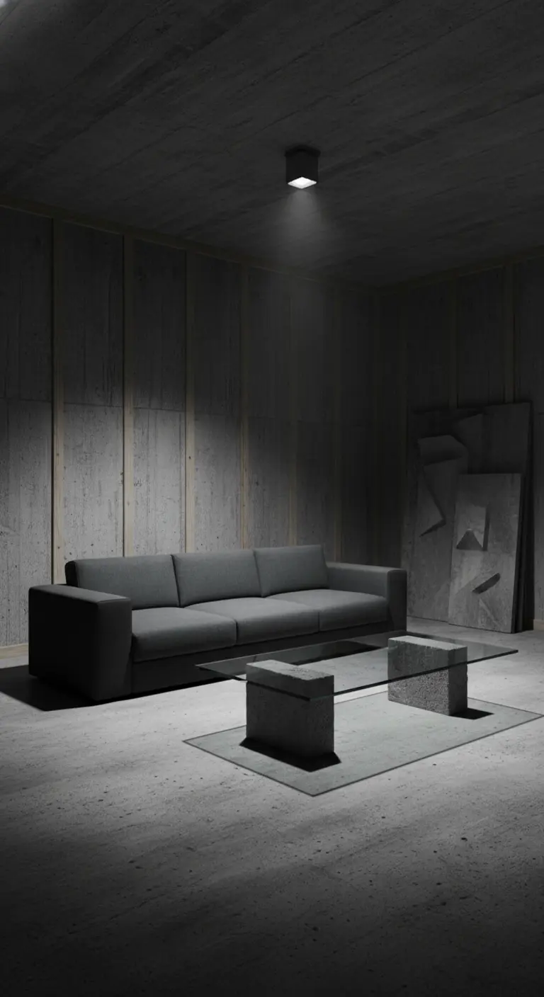 Soggiorno brutalista con pareti e tavolino in cemento, divano grigio e illuminazione drammatica.