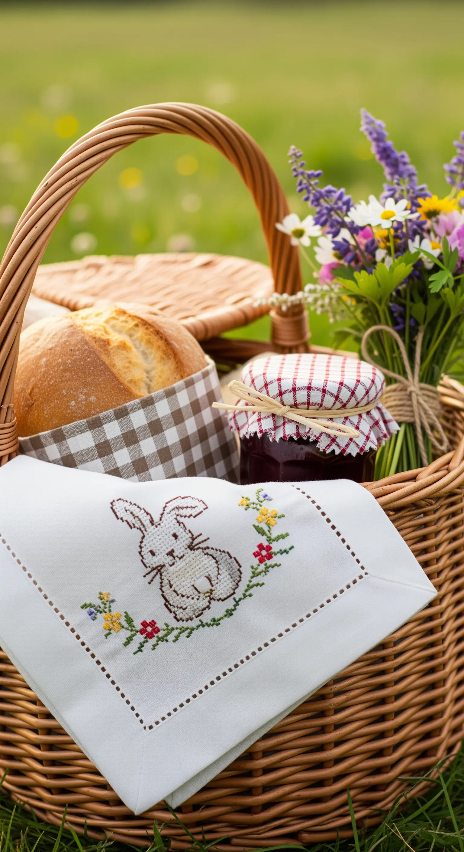 Primo piano di un cesto da picnic con un tovagliolo di lino ricamato con un coniglietto pasquale.