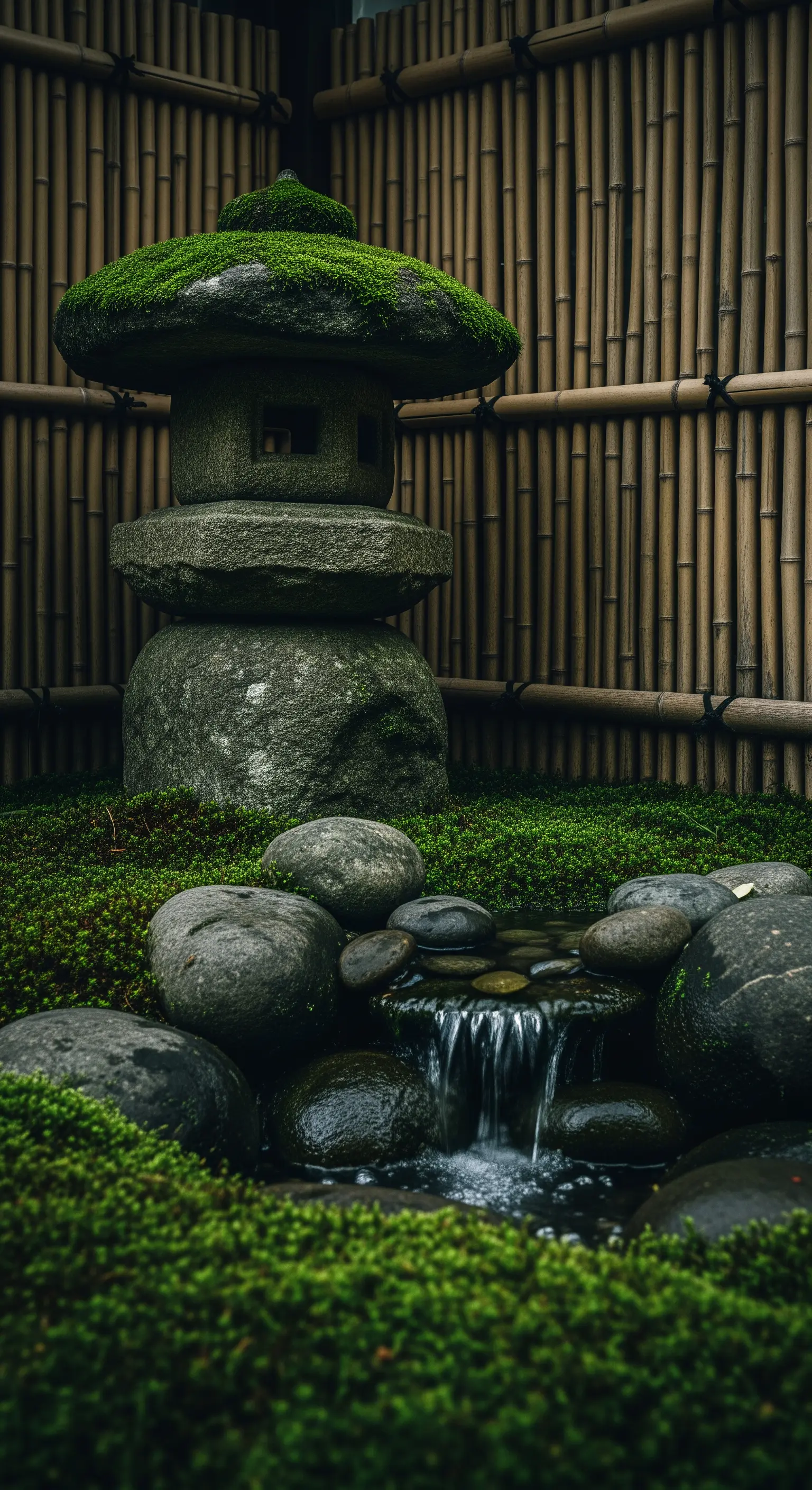 Lanterne in pietra coperte di muschio accanto a un ruscello e una parete di bambù.