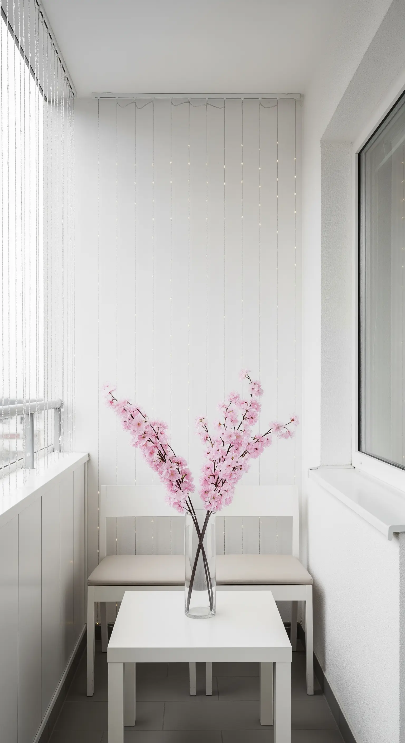 Balcone total white con una panchina, un tavolino e un vaso con rami di fiori di ciliegio rosa