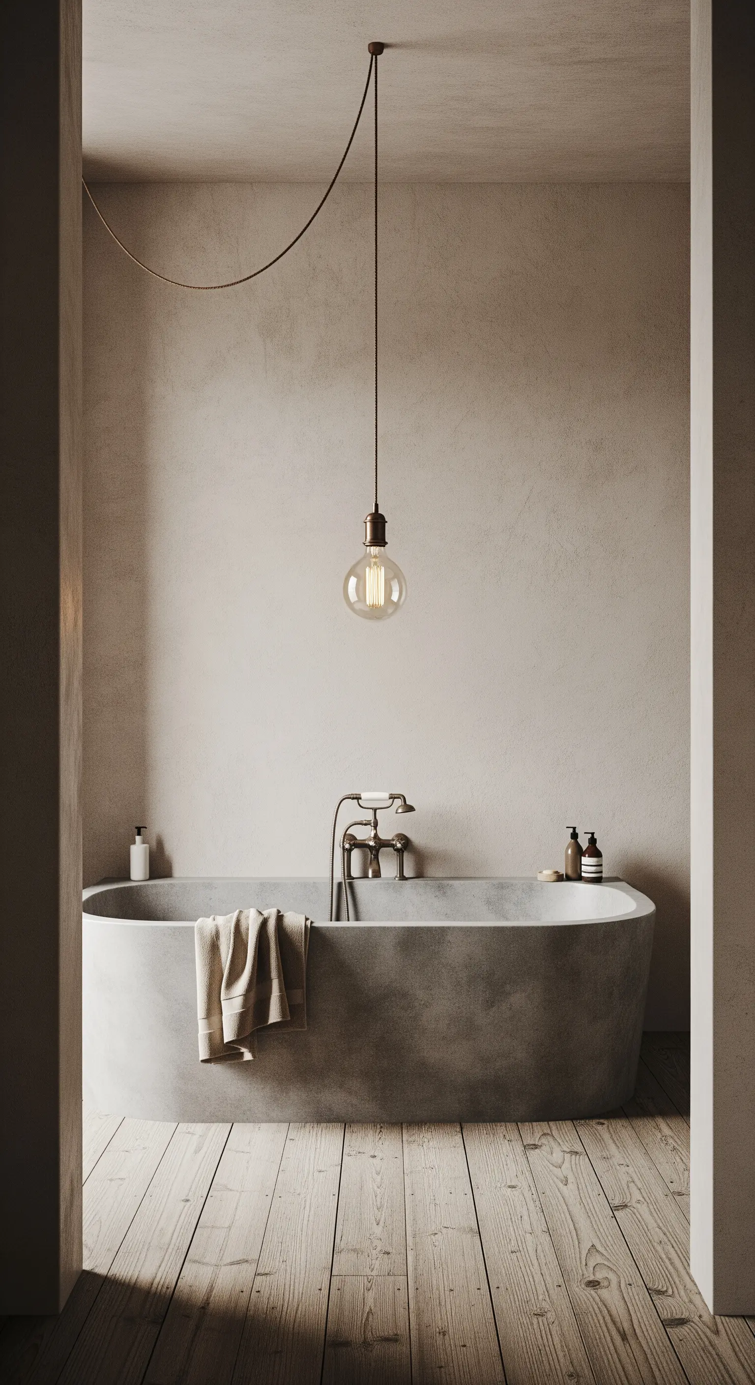 Bagno minimalista con pareti e vasca in cemento, illuminato da una singola lampadina a sospensione.