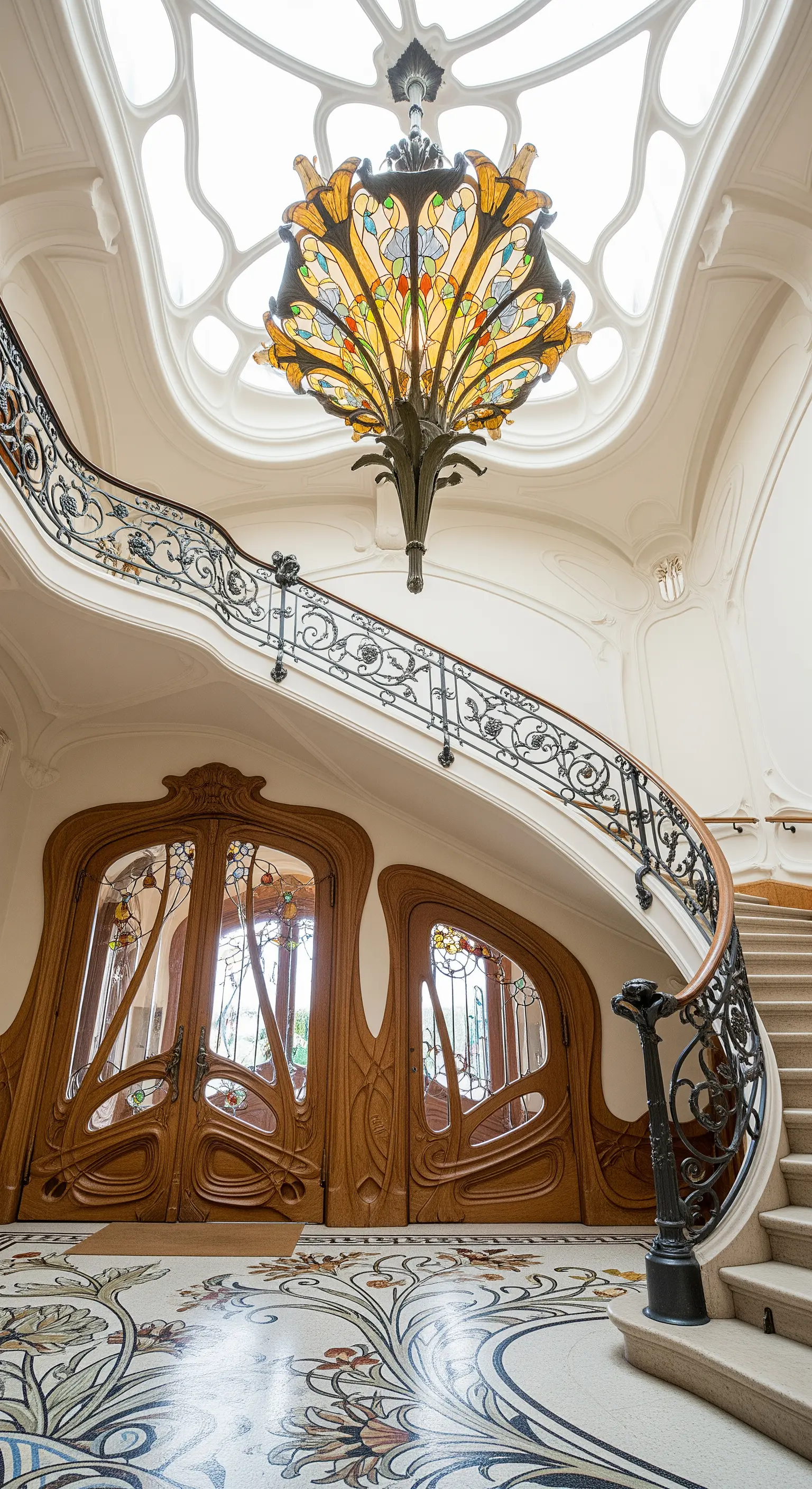 Ingresso in stile Art Nouveau con scala a chiocciola, pavimento a mosaico floreale e lampadario in vetro colorato.