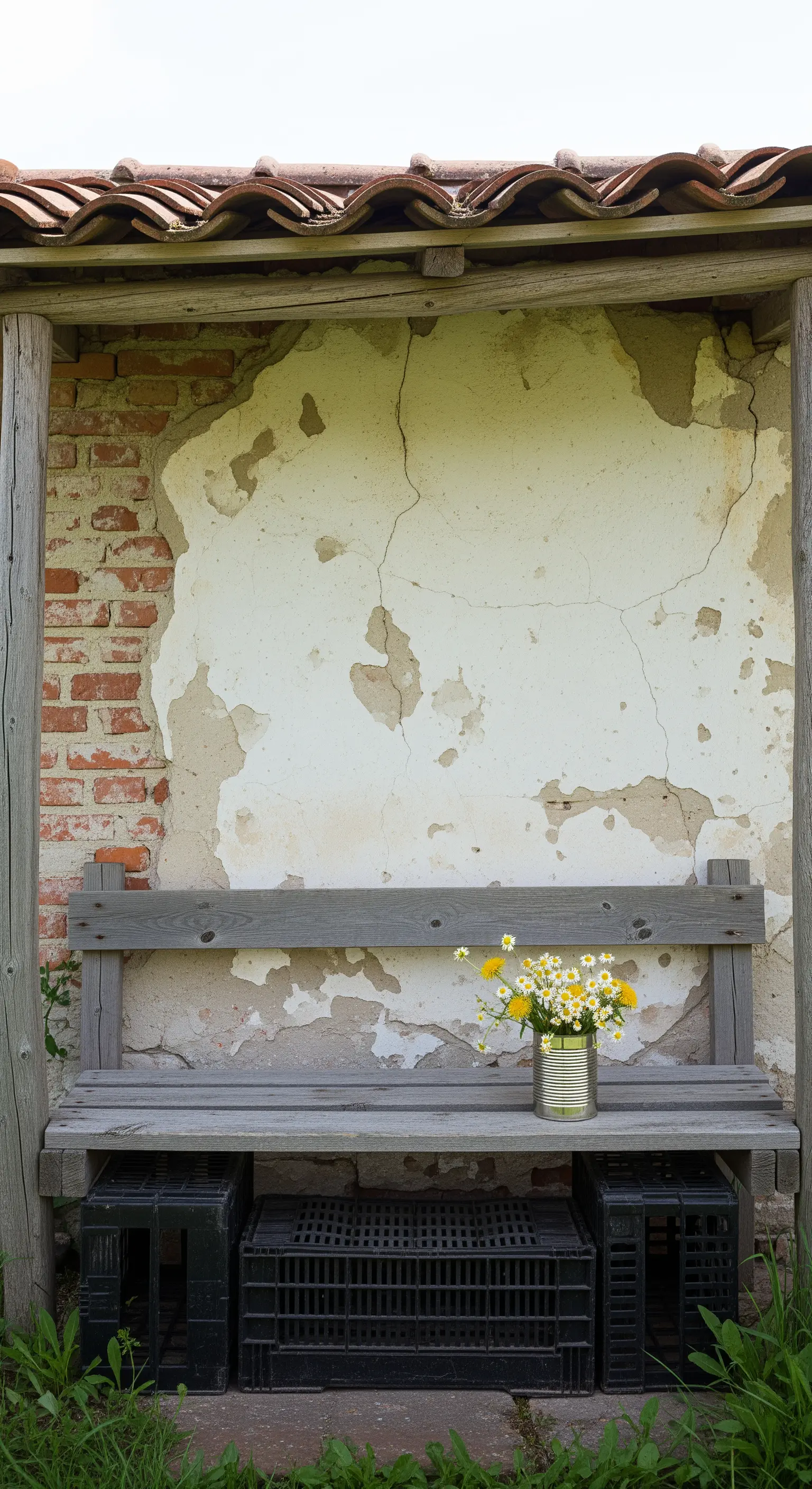 Panca in legno invecchiato davanti a un muro scrostato, con margherite in un barattolo di latta.
