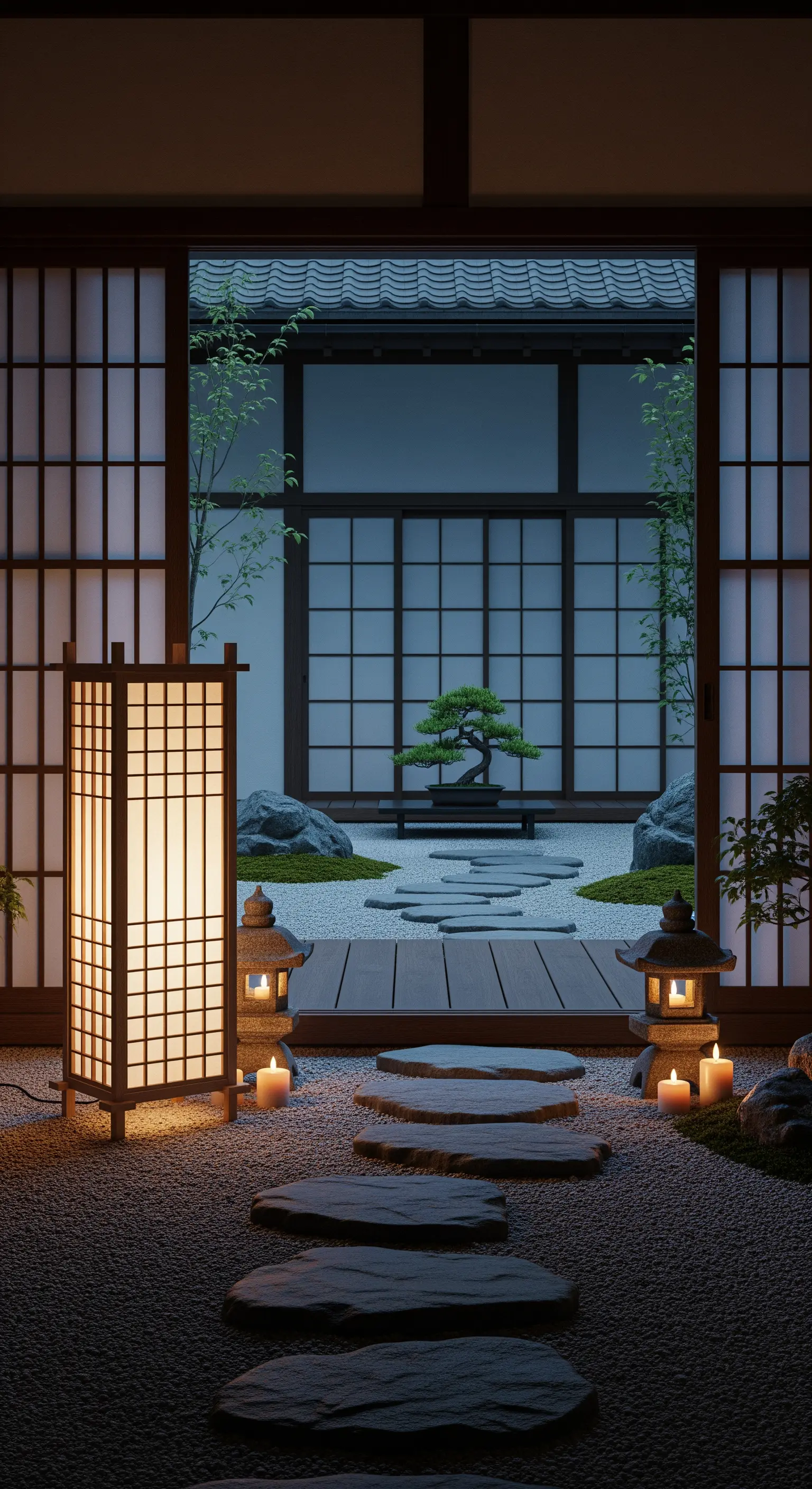 Patio con vista su giardino zen, illuminato da una lampada da terra giapponese in carta.