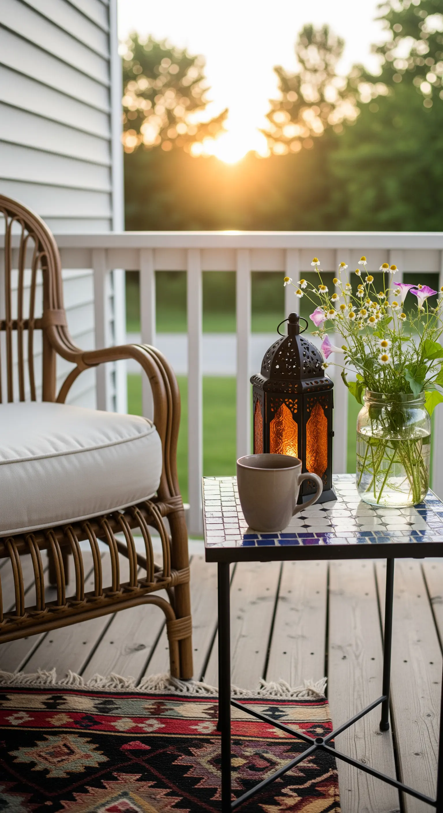 Angolo di un portico al tramonto con sedia in rattan e tavolino a mosaico con lanterna.