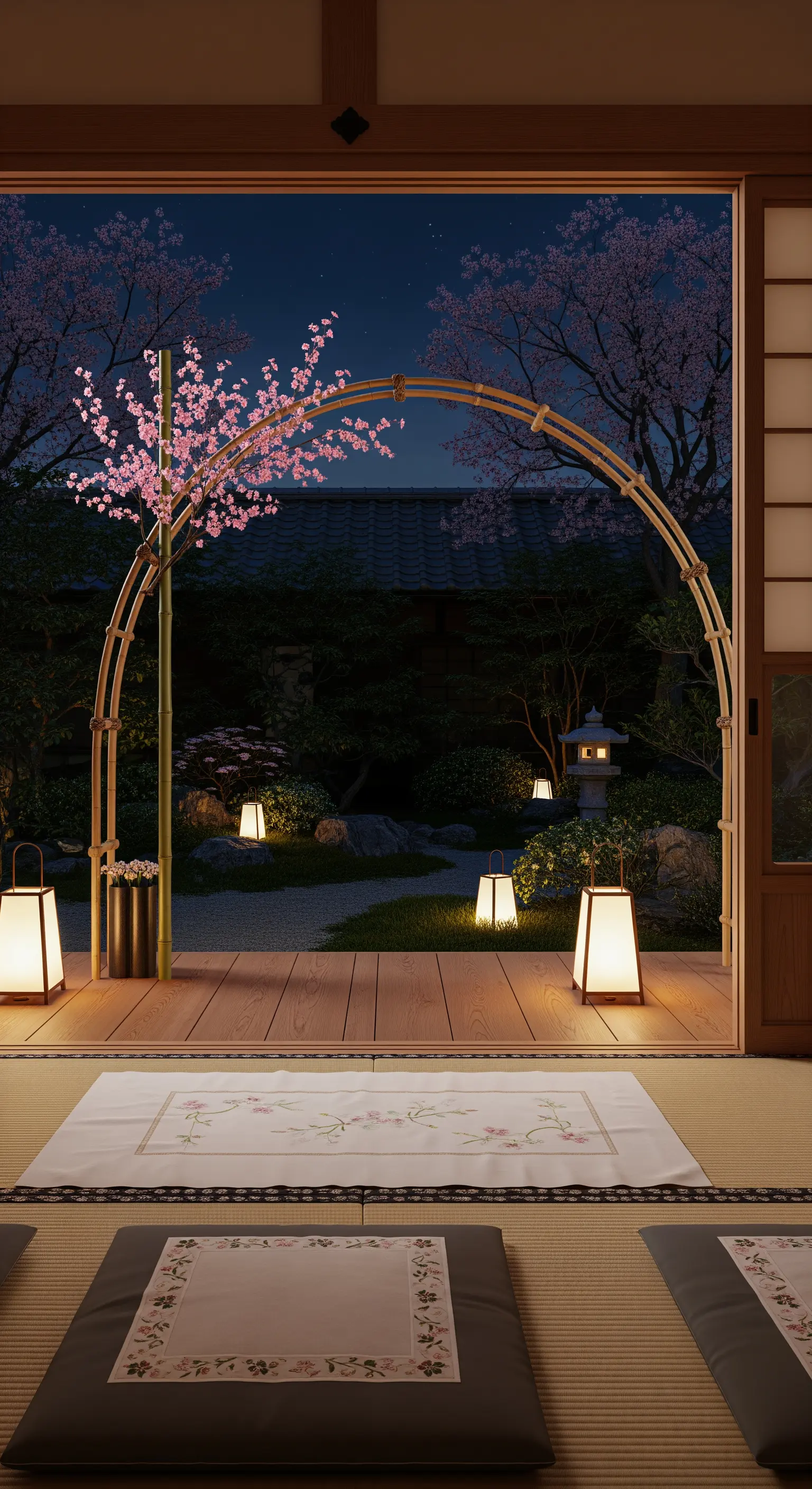 Veranda in stile giapponese con arco in bambù che incornicia un giardino notturno con ciliegi in fiore