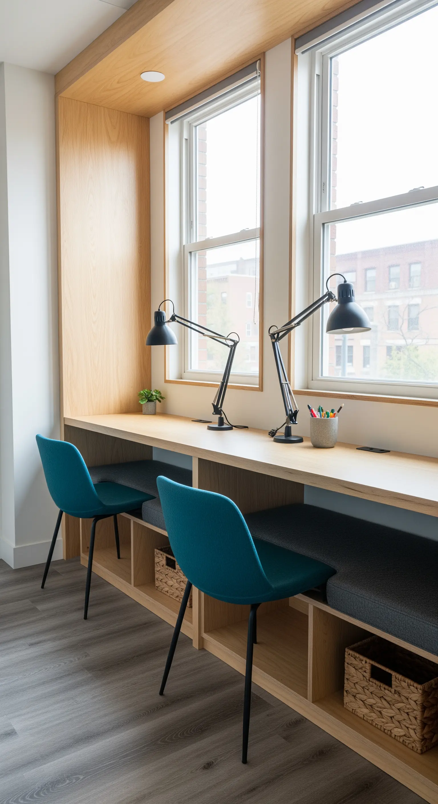 Lunga scrivania in legno per due persone, installata sotto due finestre con sedie blu.