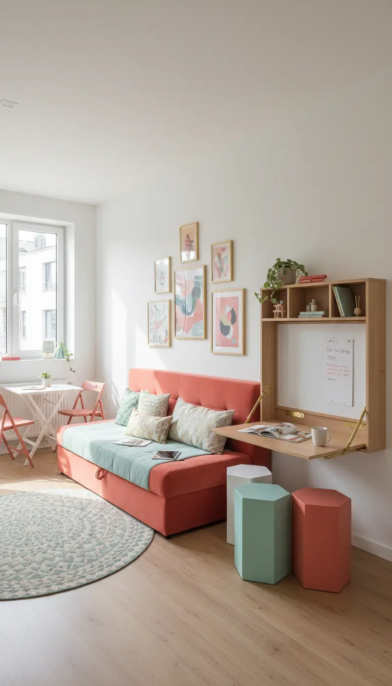 Scrivania a ribalta in legno montata a parete sopra un divano letto color corallo.