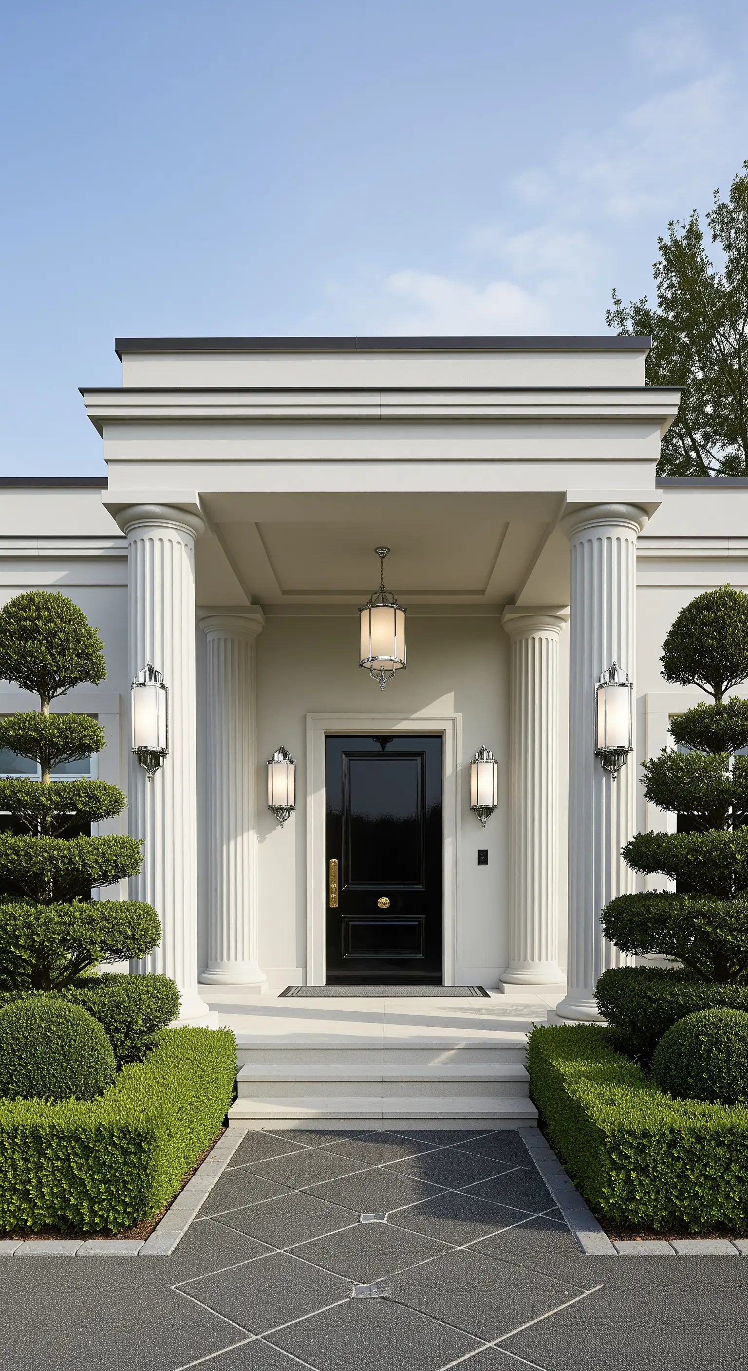 Elegante portico neoclassico con colonne bianche, porta nera laccata e piante topiarie curate.