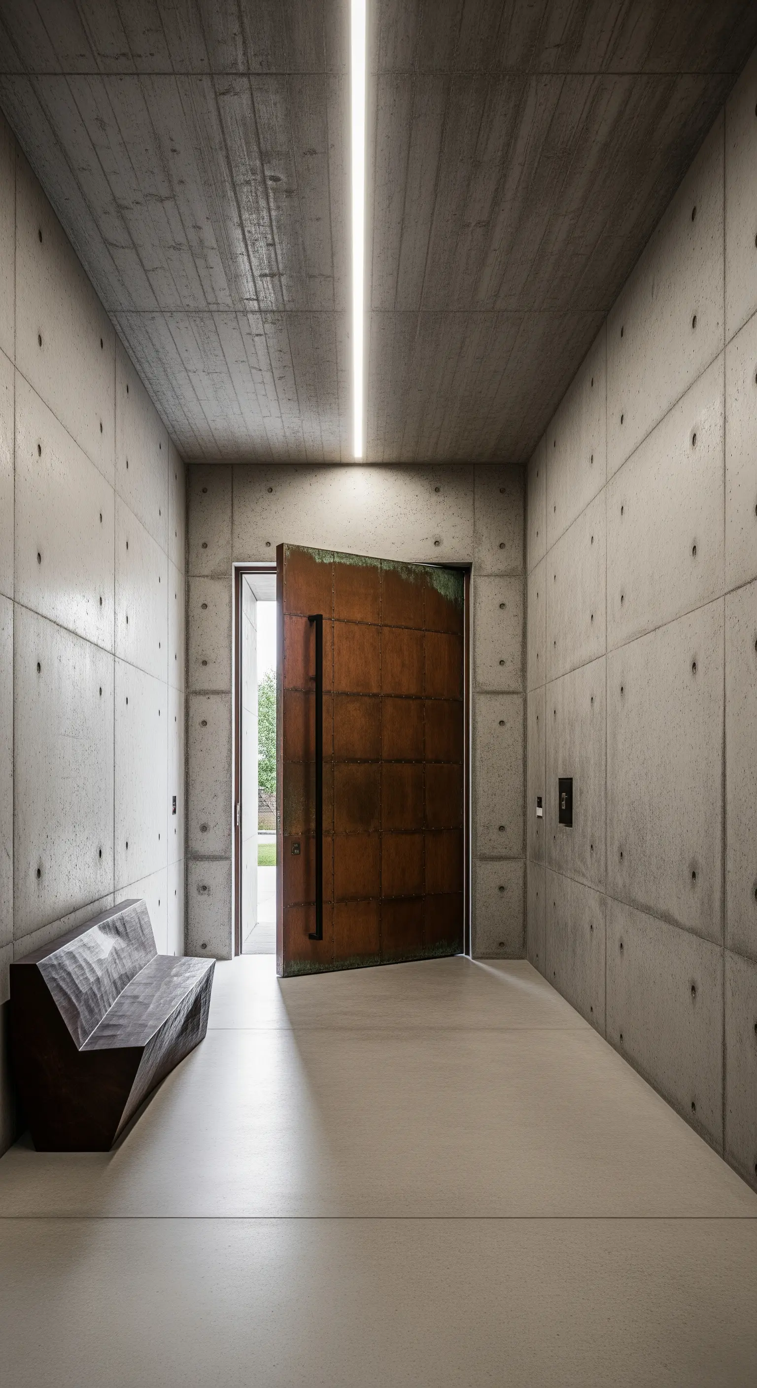 Ingresso brutalista con pareti in cemento e una massiccia porta in acciaio Corten.