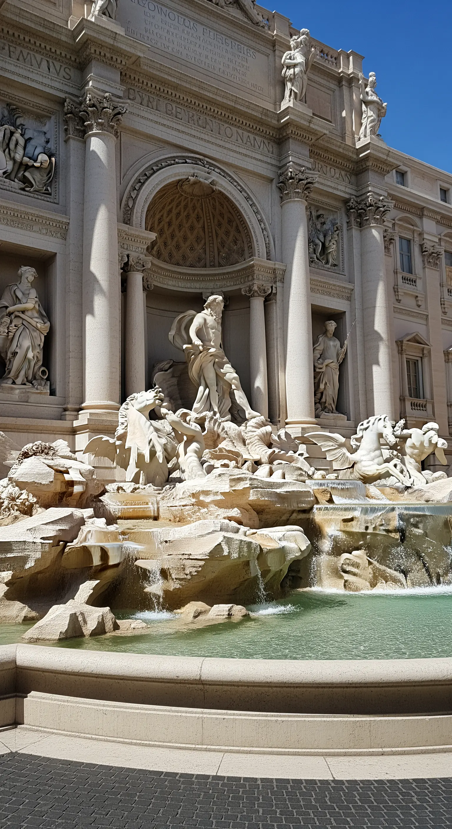 Dettaglio della Fontana di Trevi con sculture marmoree e getti d'acqua potenti.