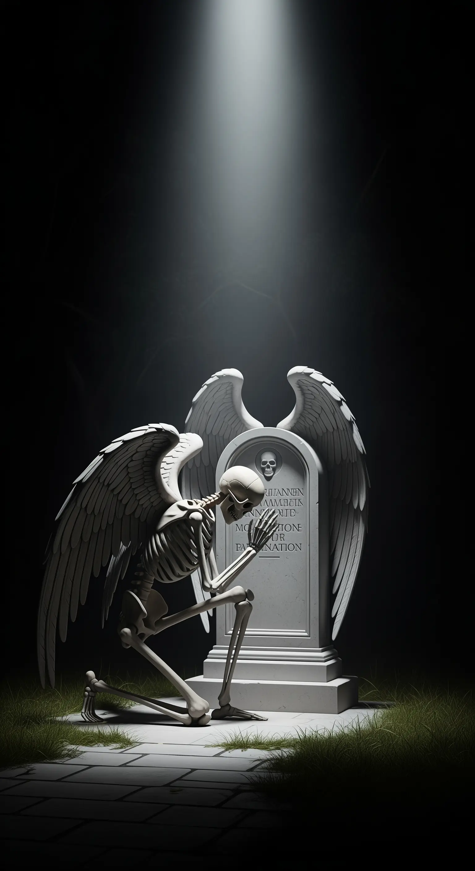 Uno scheletro con ali d'angelo prega davanti a una tomba, illuminato da un raggio di luce.