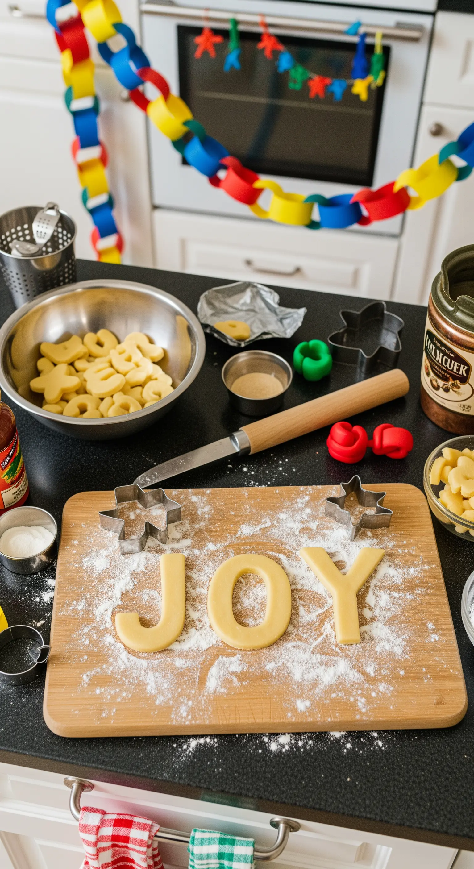 Piano di lavoro in cucina con pasta per biscotti a forma di 'JOY' e decorazioni colorate.