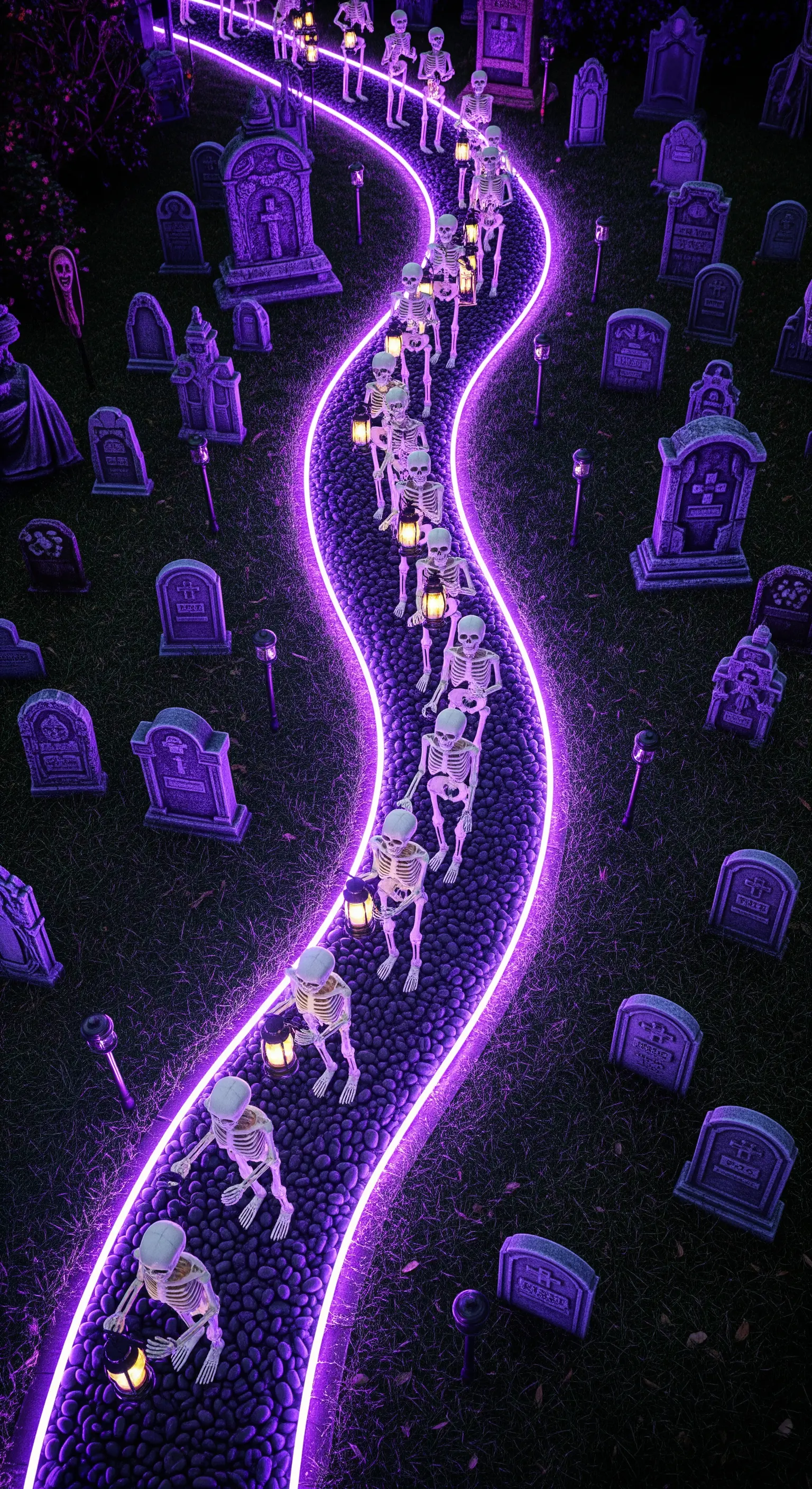Un sentiero luminoso viola in un cimitero, percorso da una processione di scheletri con lanterne.