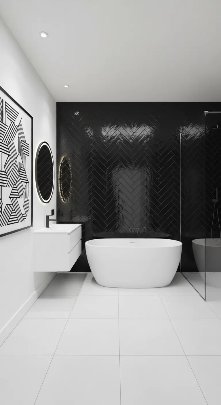 Parete di piastrelle nere lucide a spina di pesce dietro una vasca bianca.