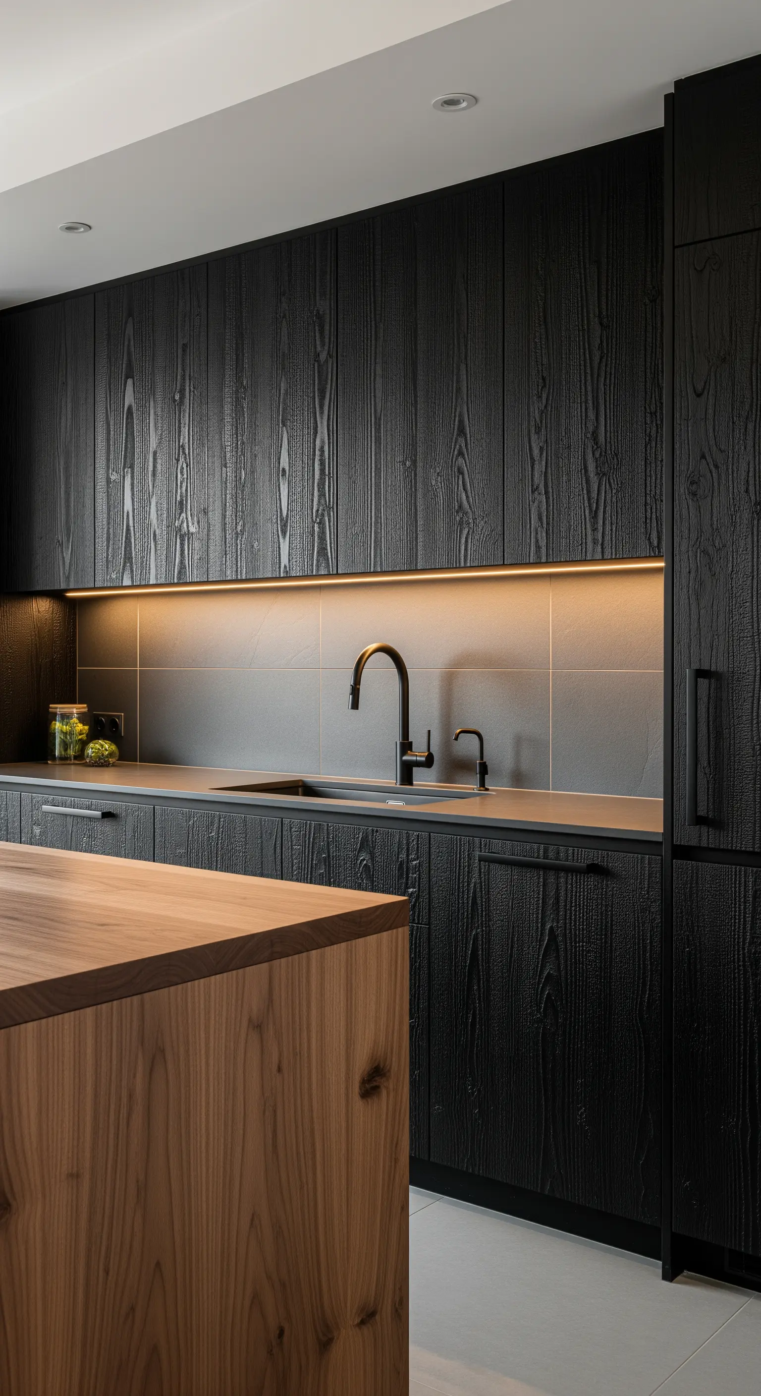 Cucina con mobili in legno nero texturizzato e un'isola in legno di noce naturale.