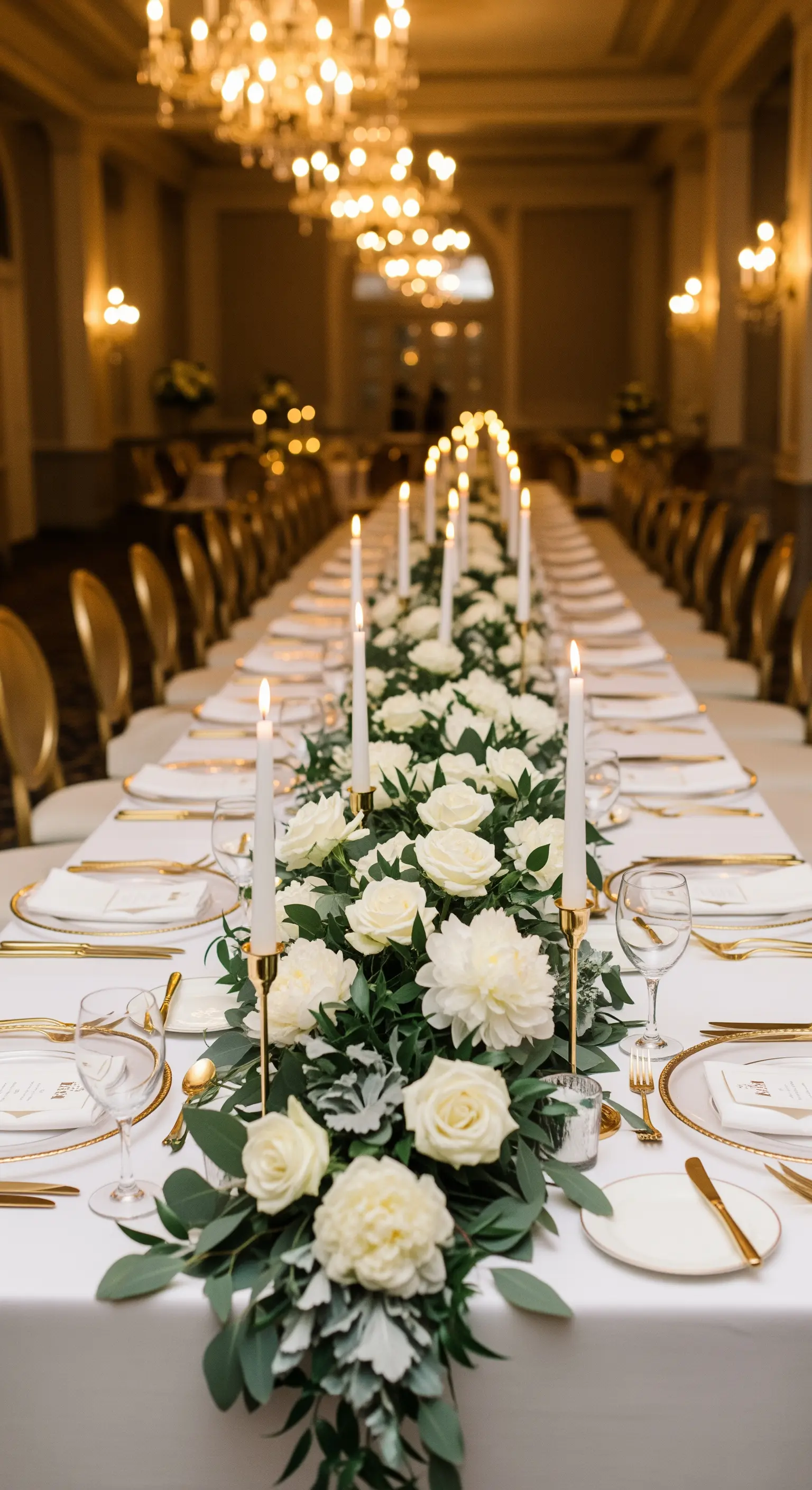 Tavola imperiale con runner di rose bianche, candele alte e sedie dorate per una festa di laurea.