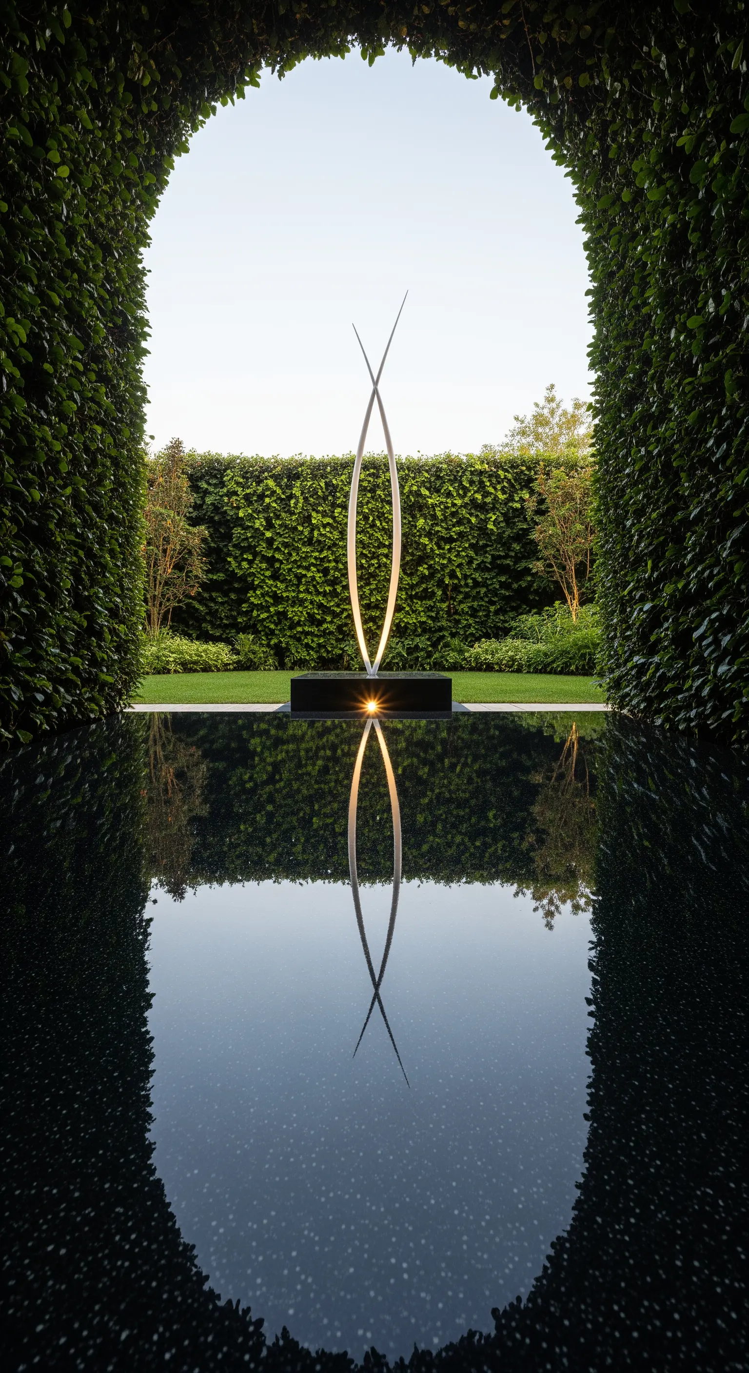 Scultura luminosa riflessa sull'acqua, vista attraverso un arco in una siepe verde.