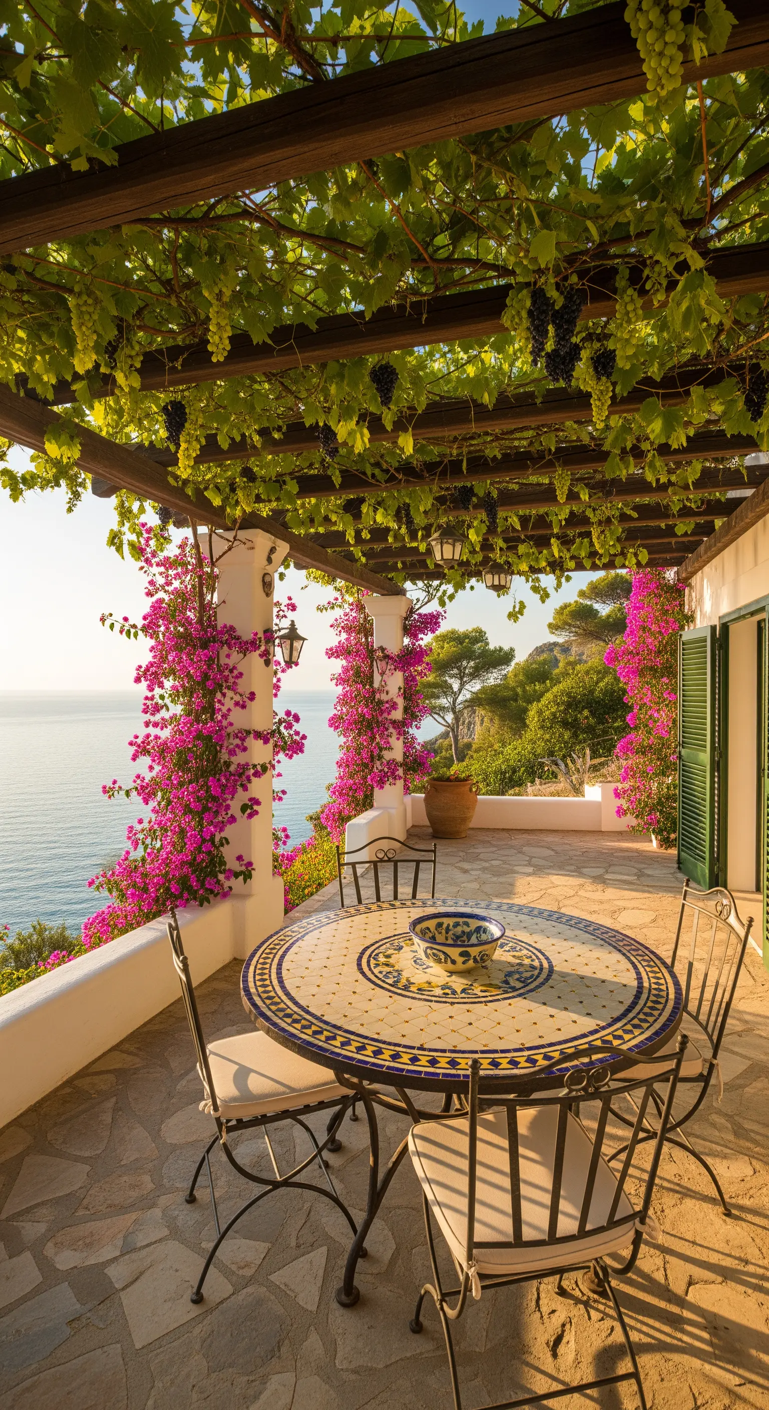 Terrazza con pergola di vite, bouganville fucsia e tavolo in mosaico vista mare.