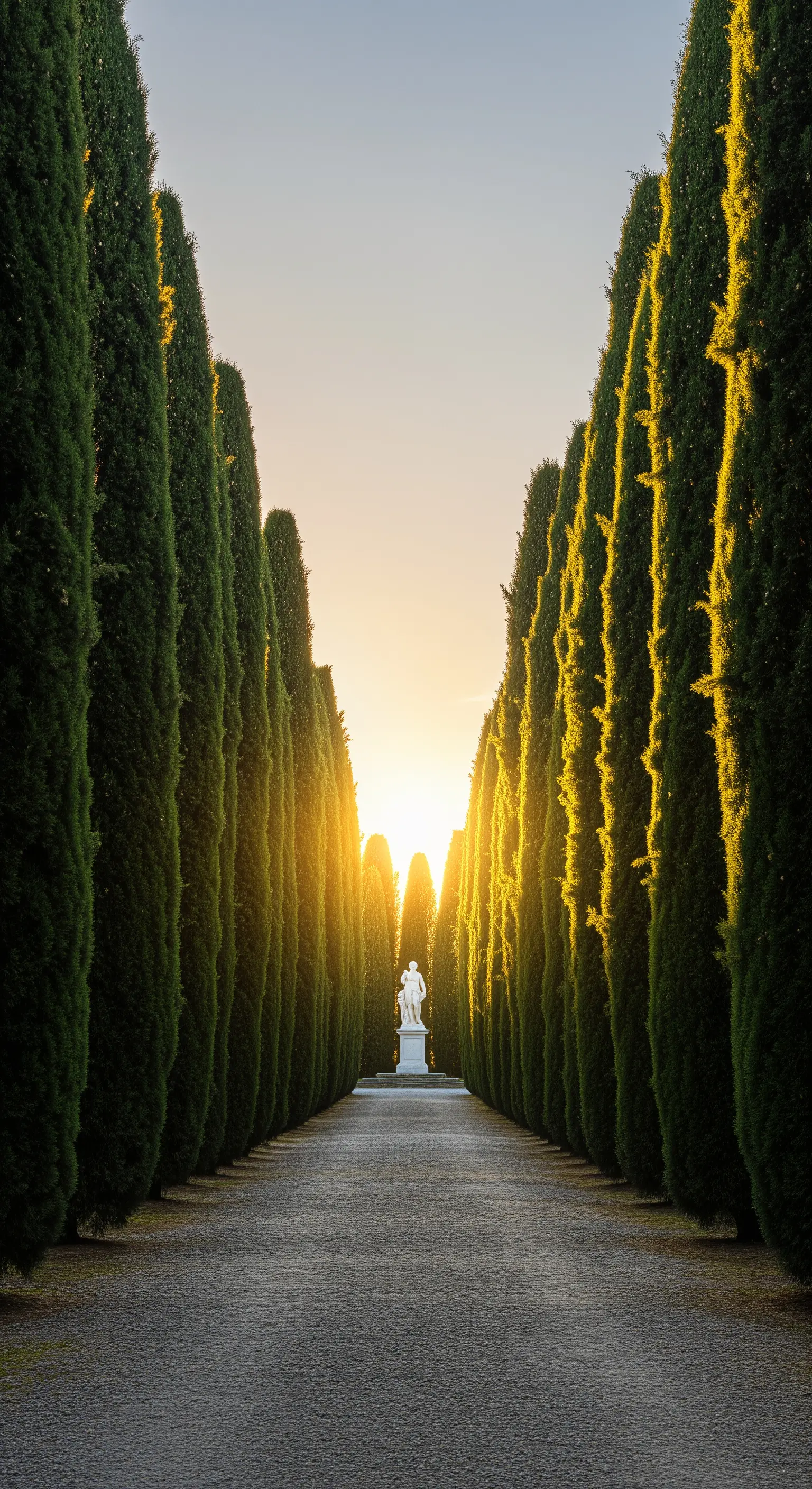Lungo viale prospettico fiancheggiato da alti cipressi, con una statua bianca in fondo.