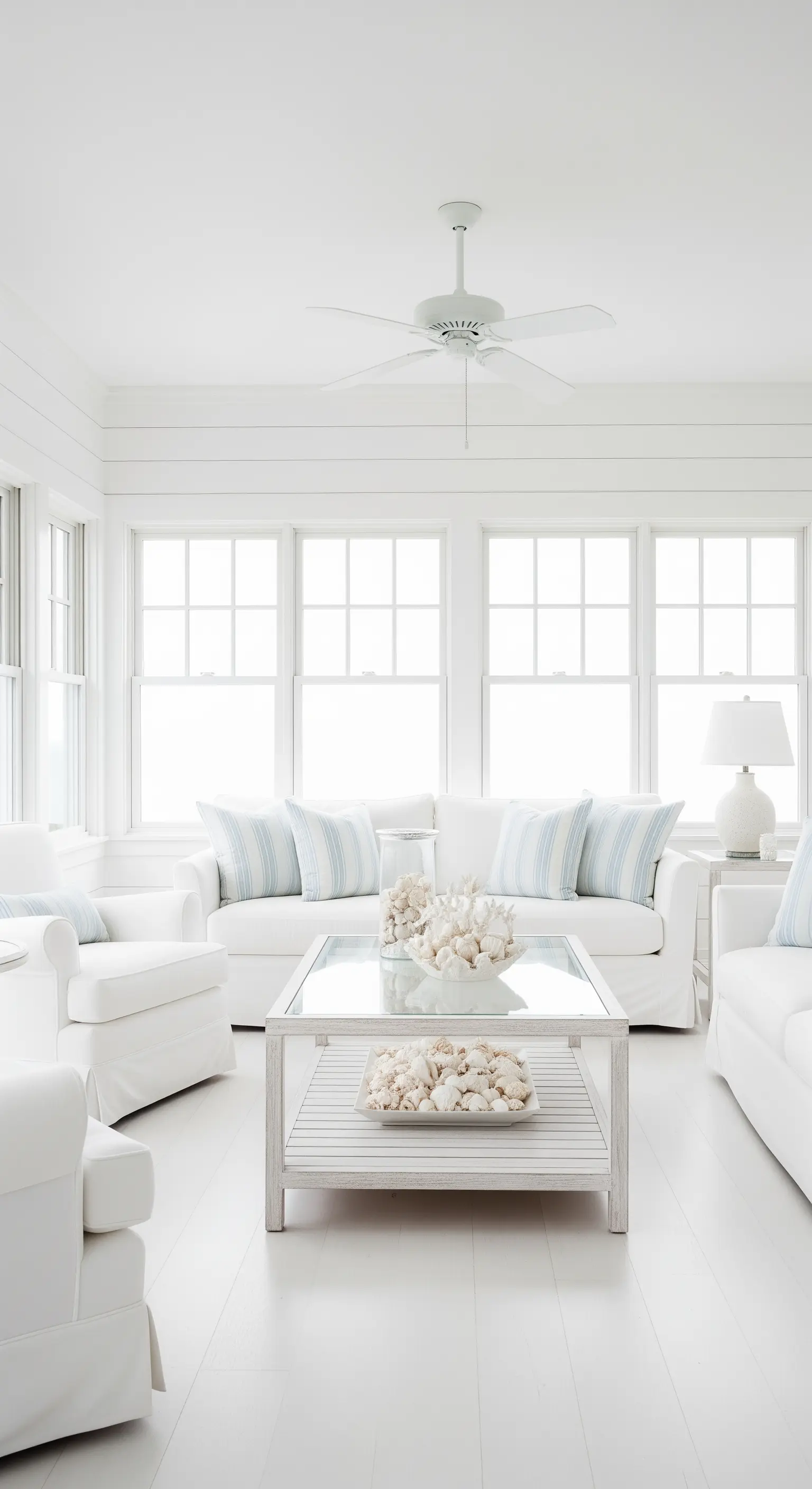 Soggiorno total white con divani sfoderabili, pavimento in legno bianco e decorazioni marine.